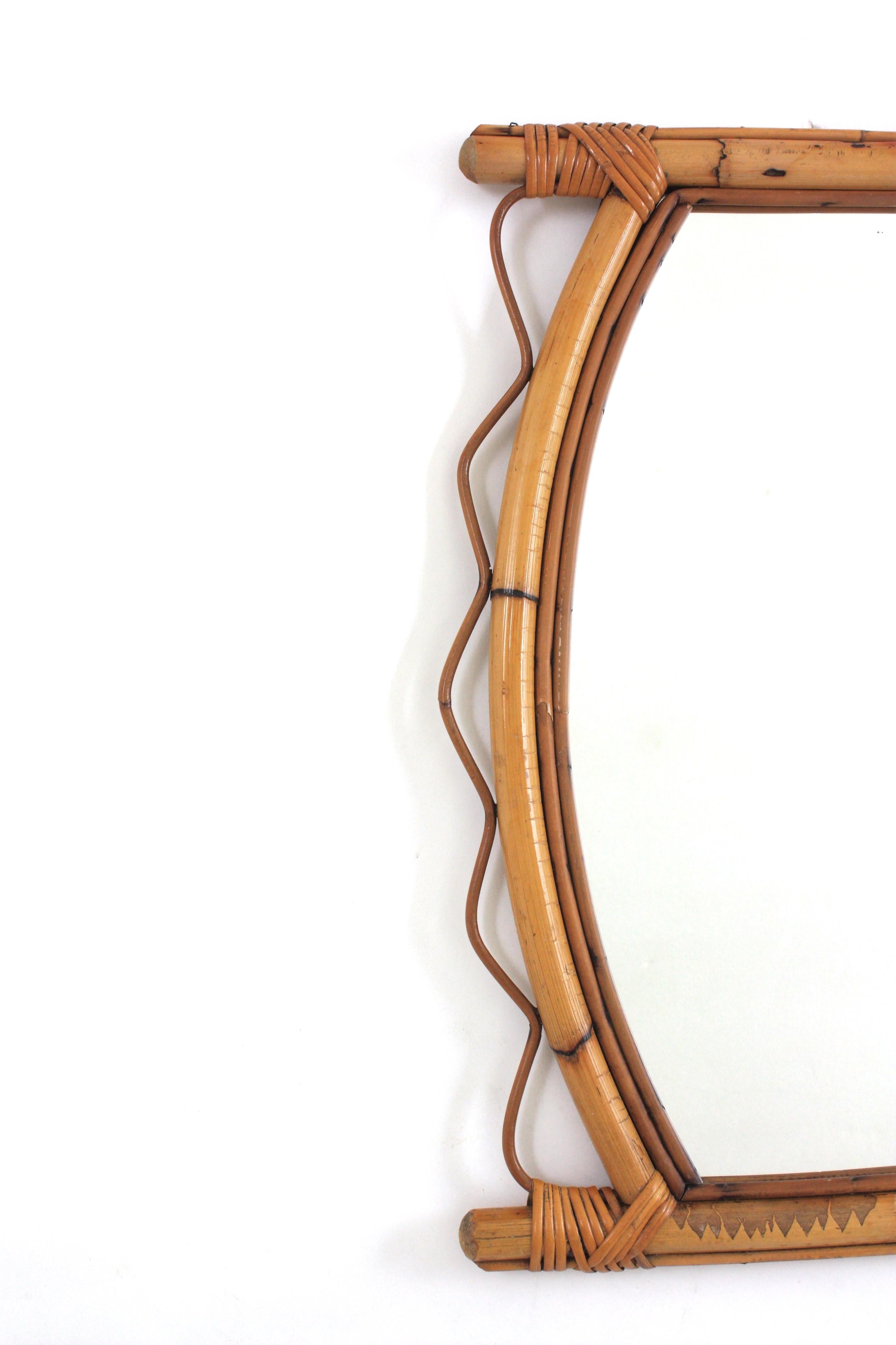 Hand-Crafted French Riviera Rattan Wall Mirror with Jagged Frame, 1950s For Sale