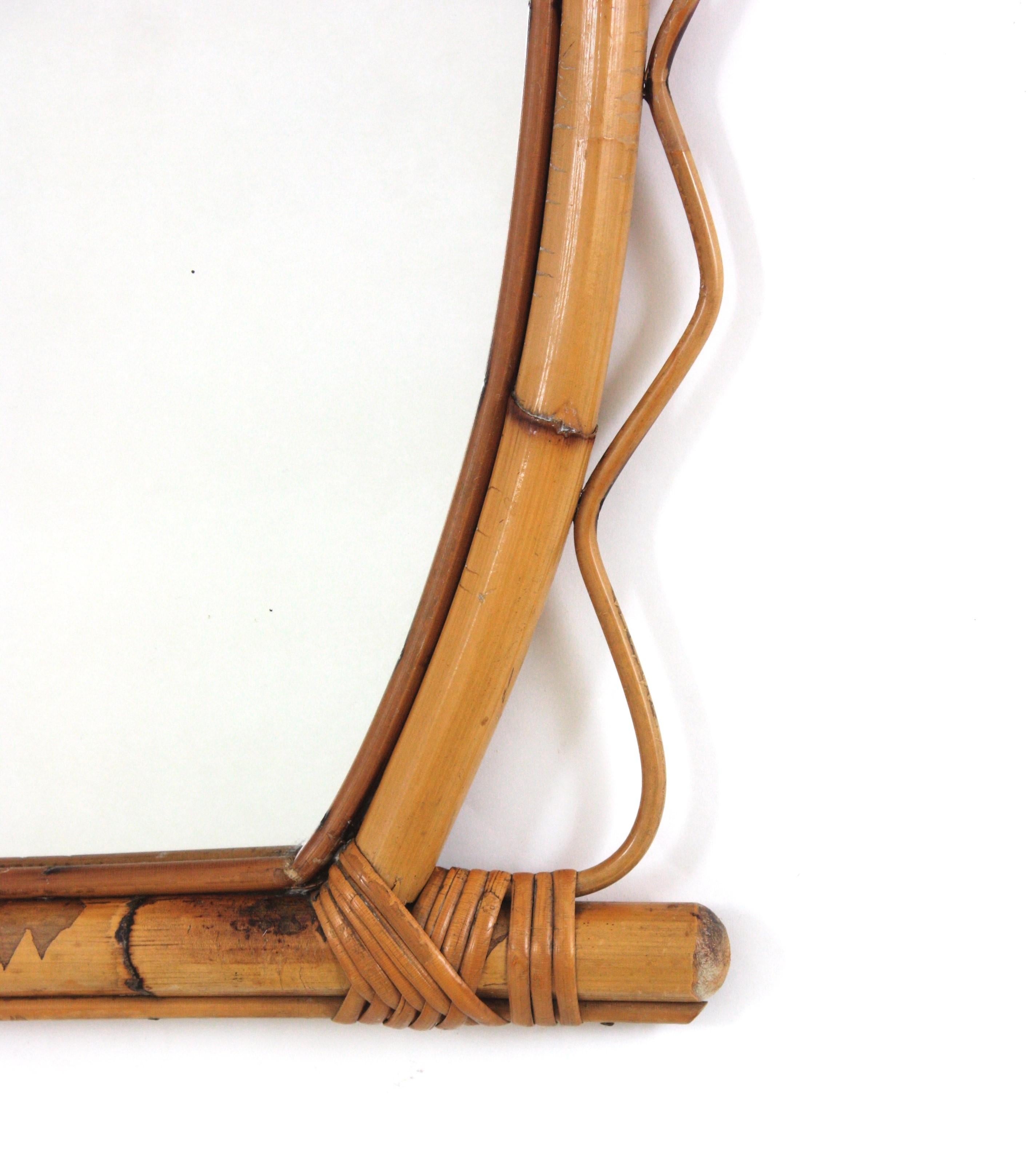 20th Century French Riviera Rattan Wall Mirror with Jagged Frame, 1950s For Sale