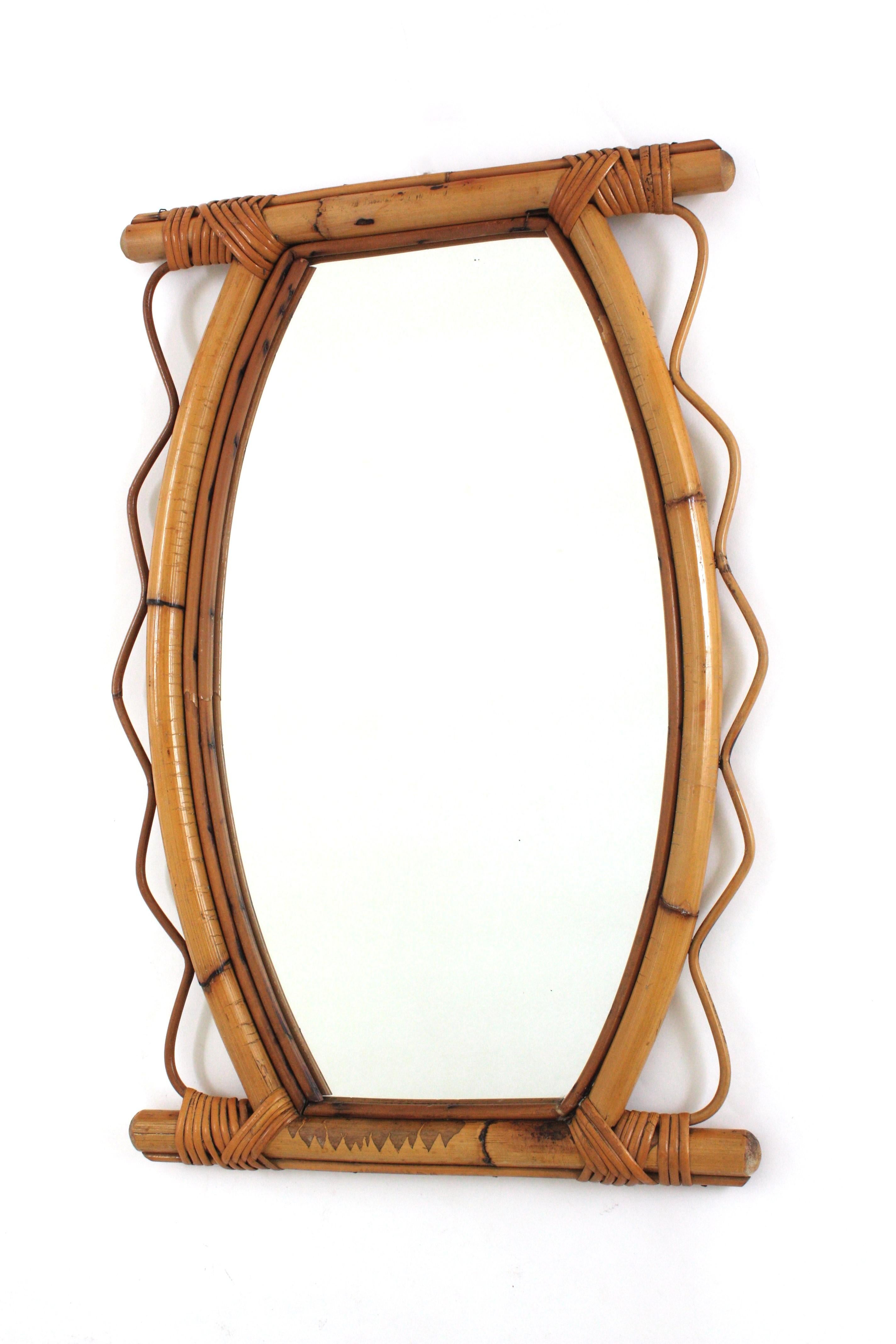Bamboo French Riviera Rattan Wall Mirror with Jagged Frame, 1950s For Sale