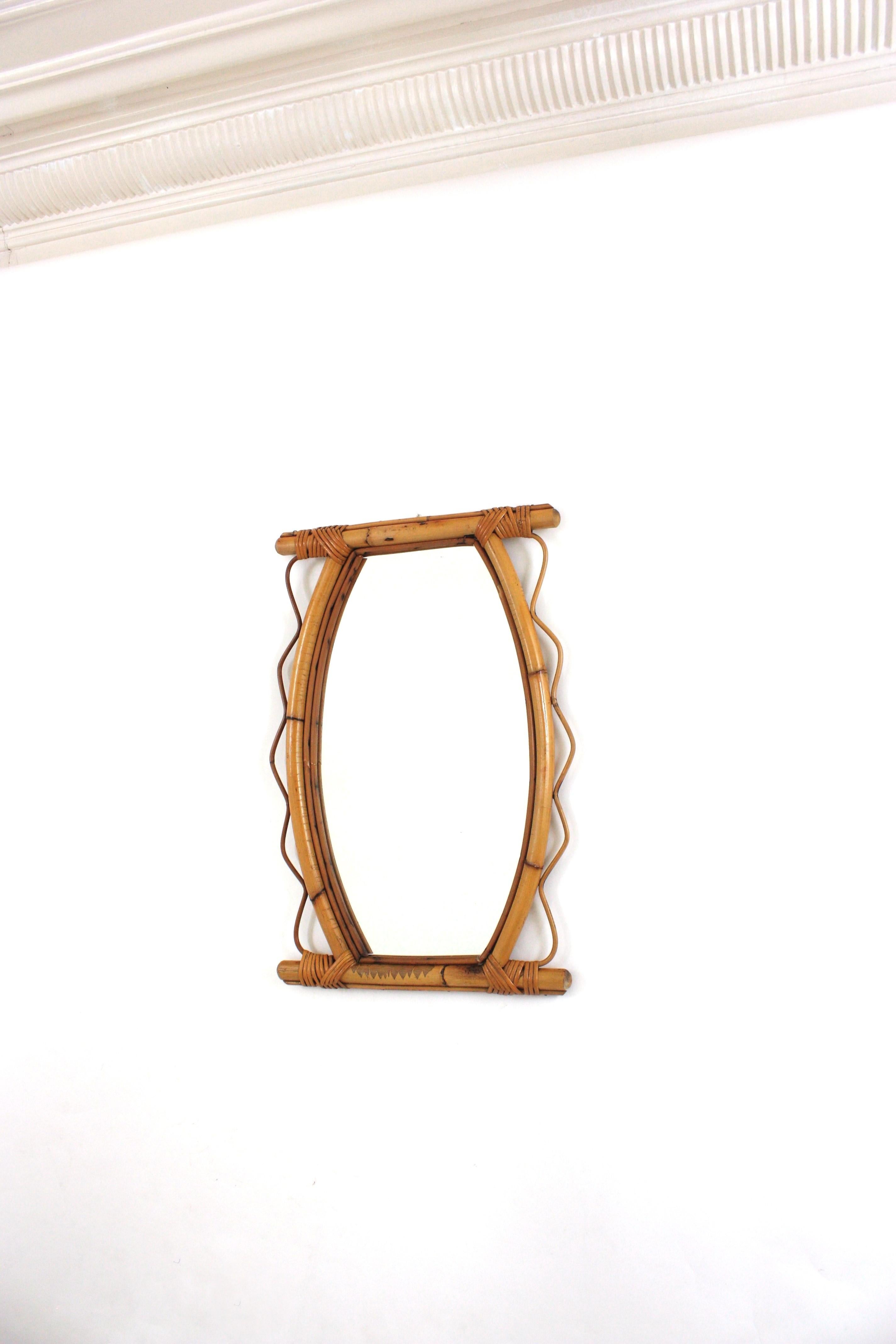 French Riviera Rattan Wall Mirror with Jagged Frame, 1950s For Sale 1