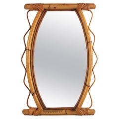 French Riviera Rattan Wall Mirror with Jagged Frame, 1950s