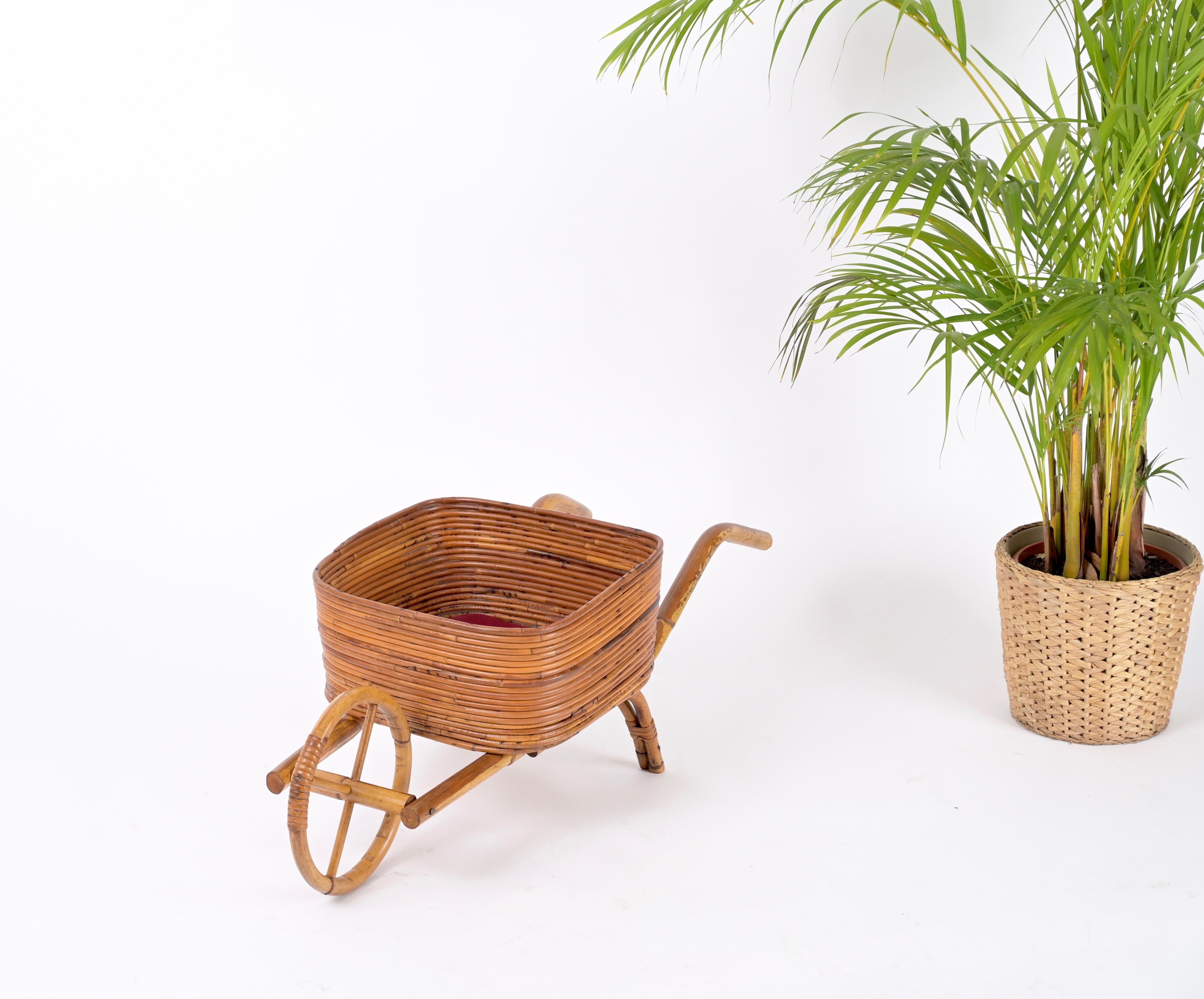 Italian French Riviera Rattan Wheelbarrow Magazine Rack or Plant Holder, Italy 1960s For Sale