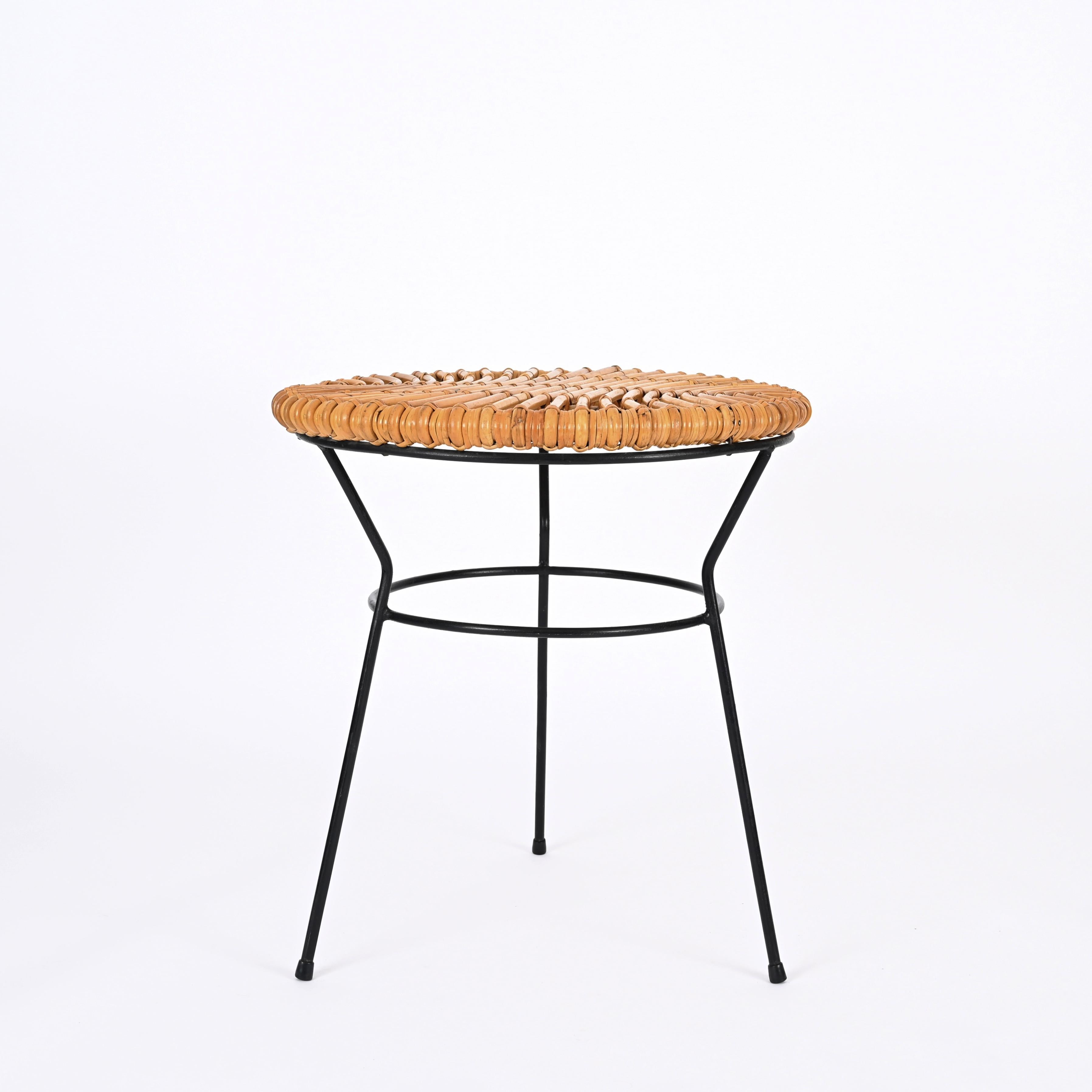 Italian French Riviera Rattan, Wicker and Iron Coffee Table, Roberto Mango, Italy 1960s For Sale