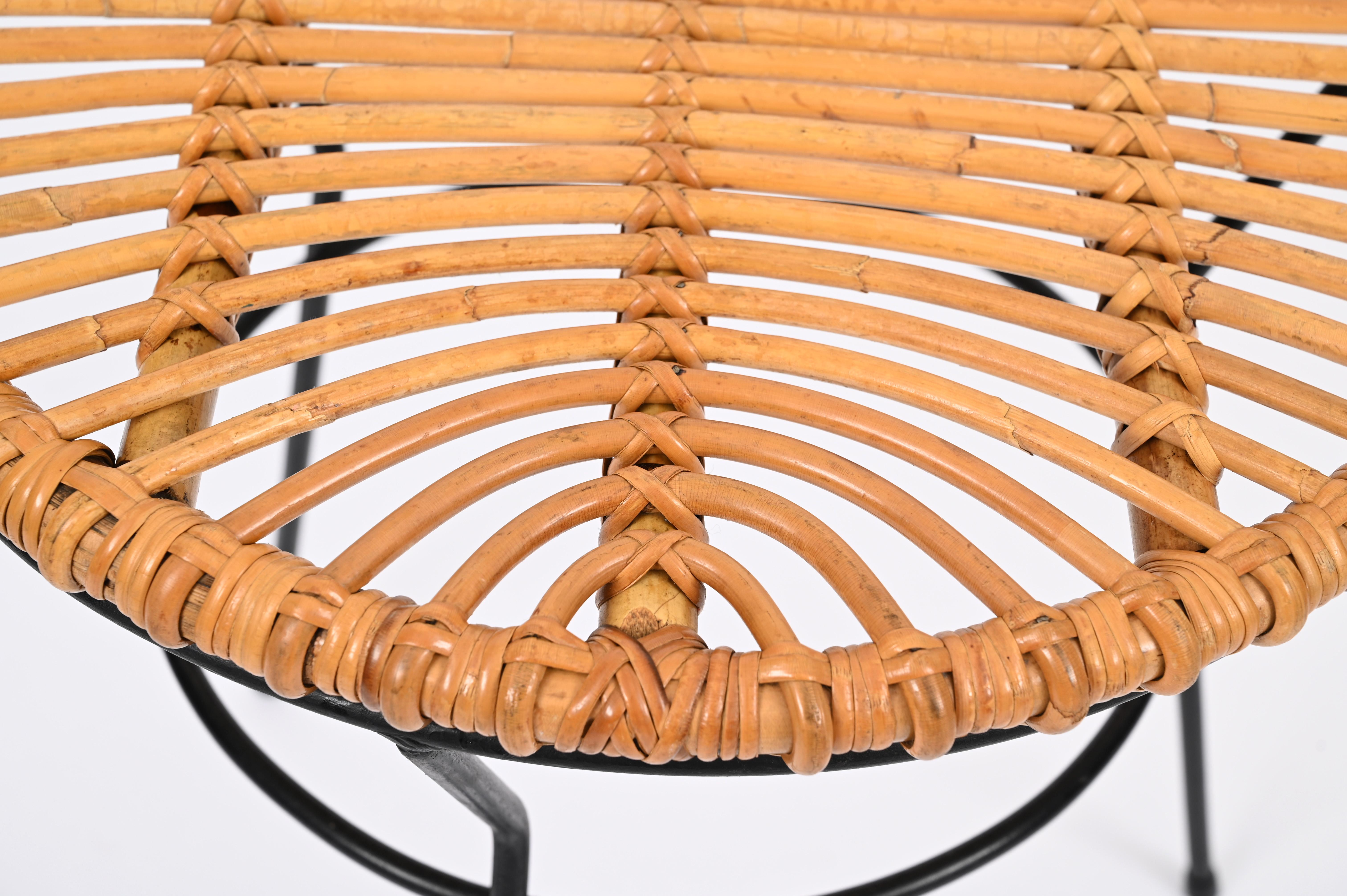 Hand-Crafted French Riviera Rattan, Wicker and Iron Coffee Table, Roberto Mango, Italy 1960s For Sale