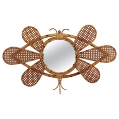 French Riviera Rattan Woven Wicker Butterfly Shaped Wall Mirror, 1950s