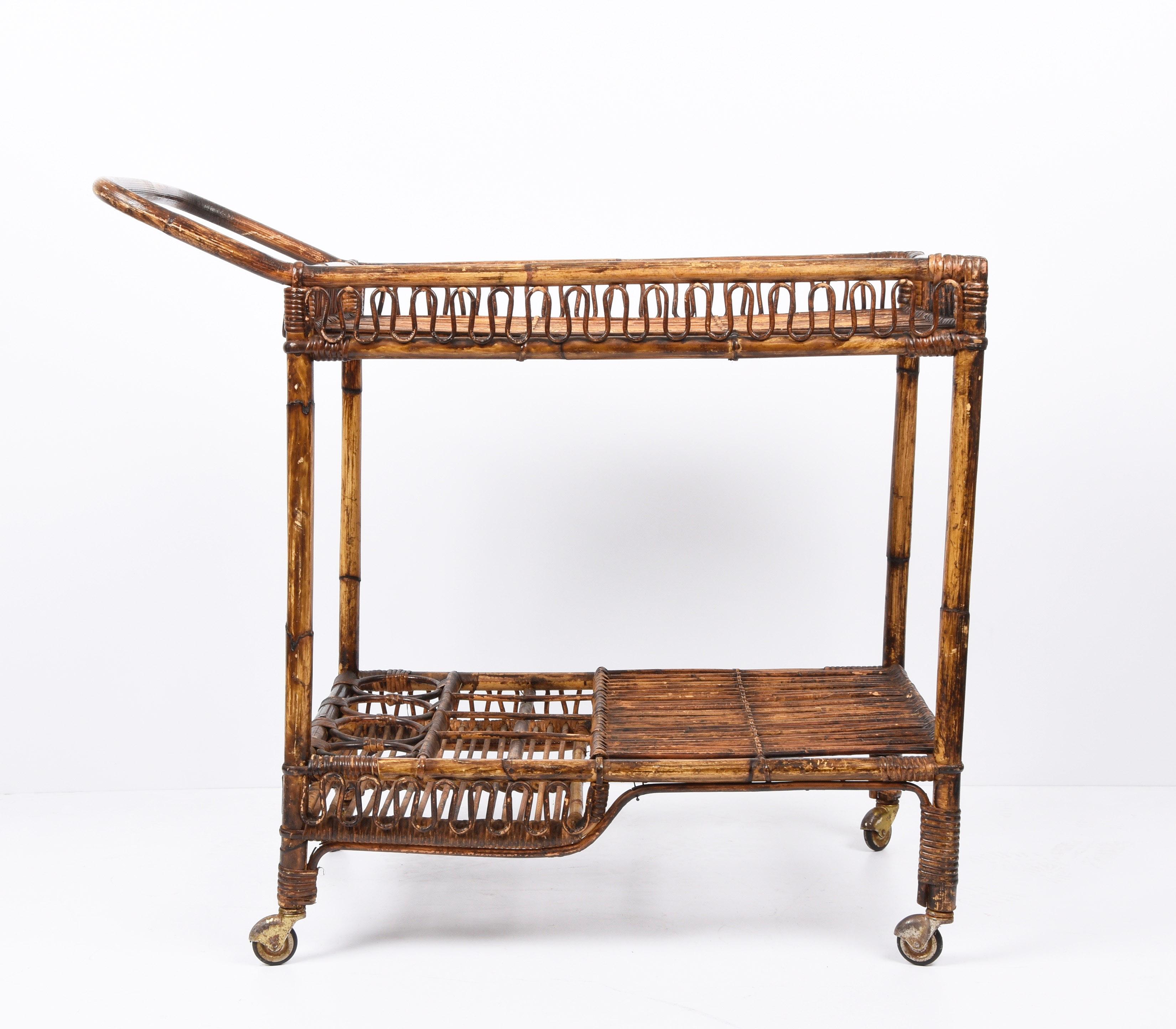 French Riviera Rectangular Bamboo and Rattan Trolley Bar Cart, France, 1960s 5