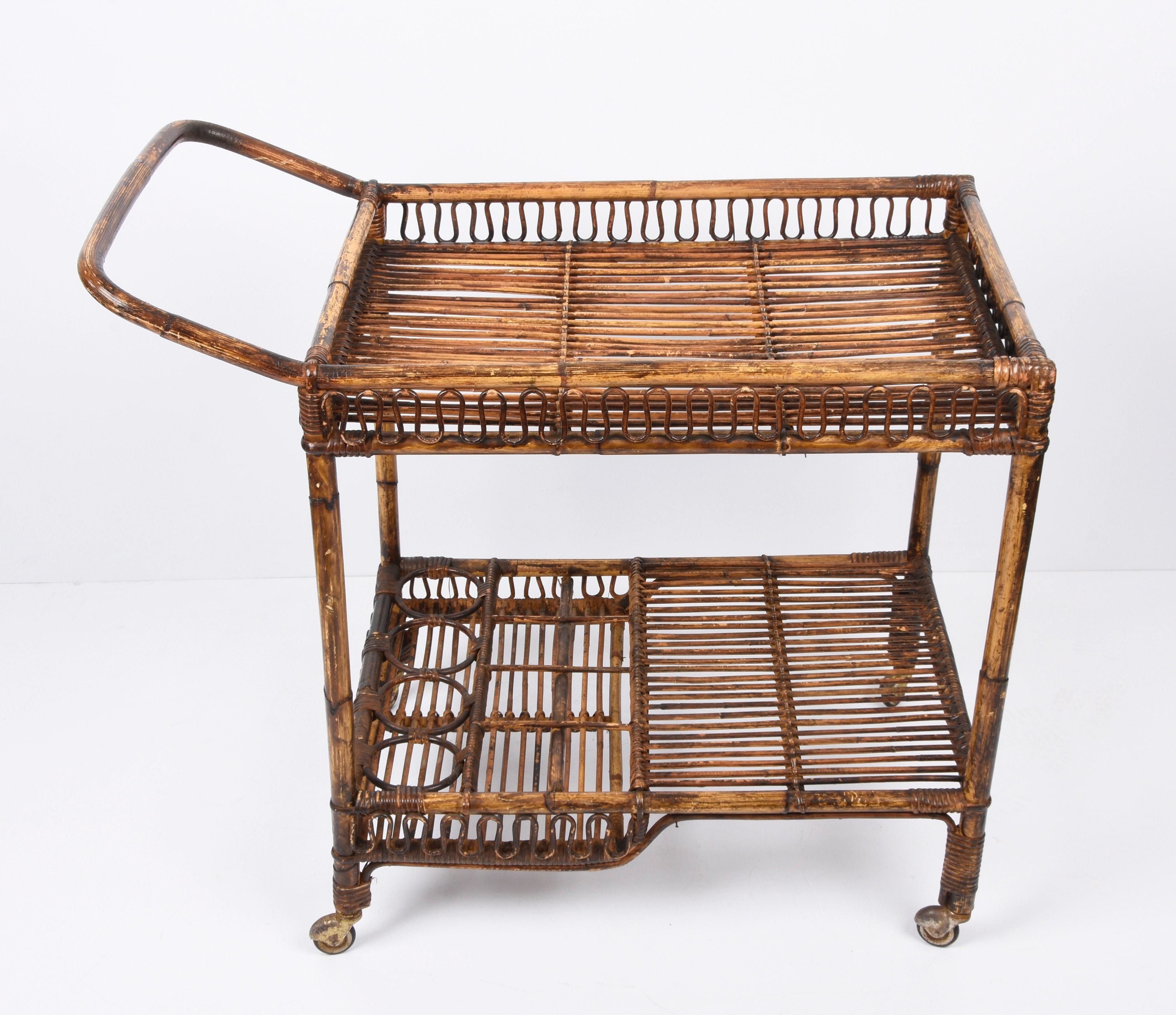 French Riviera Rectangular Bamboo and Rattan Trolley Bar Cart, France, 1960s 7