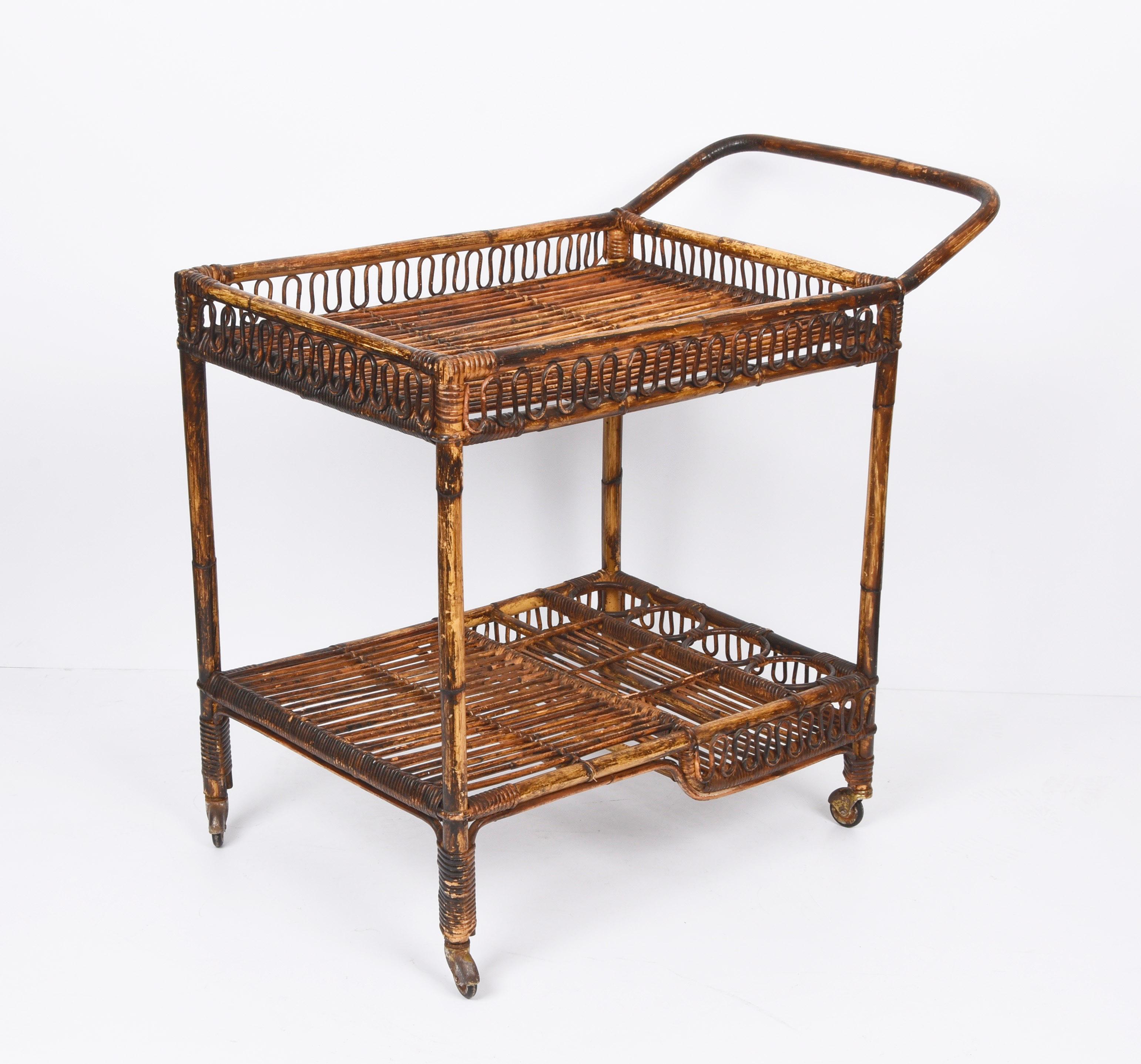 French Riviera Rectangular Bamboo and Rattan Trolley Bar Cart, France, 1960s 8