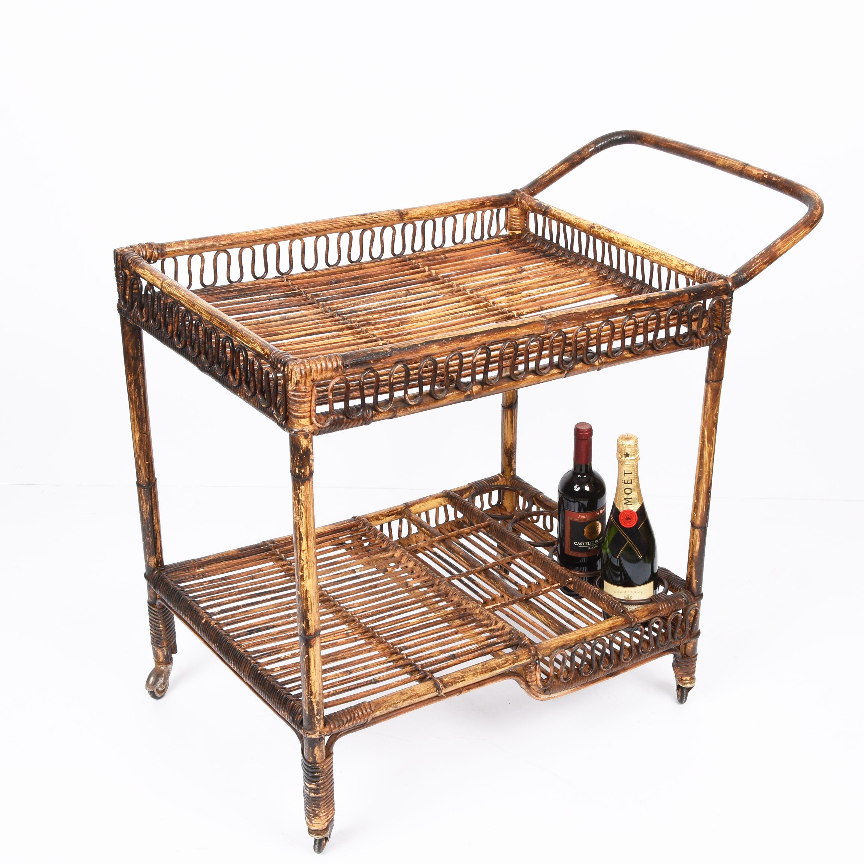 French Riviera Rectangular Bamboo and Rattan Trolley Bar Cart, France, 1960s 9