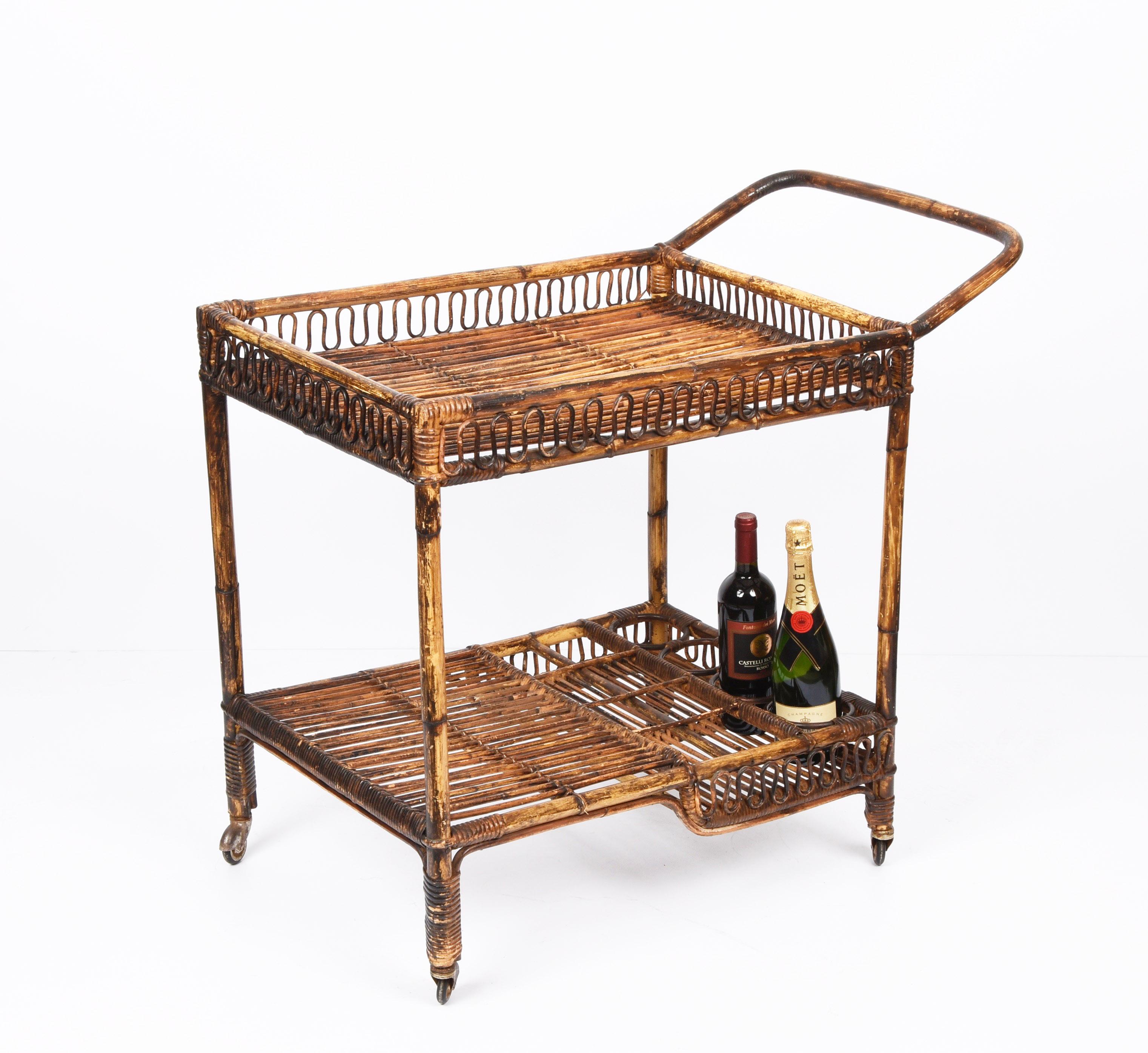 French Riviera Rectangular Bamboo and Rattan Trolley Bar Cart, France, 1960s 10