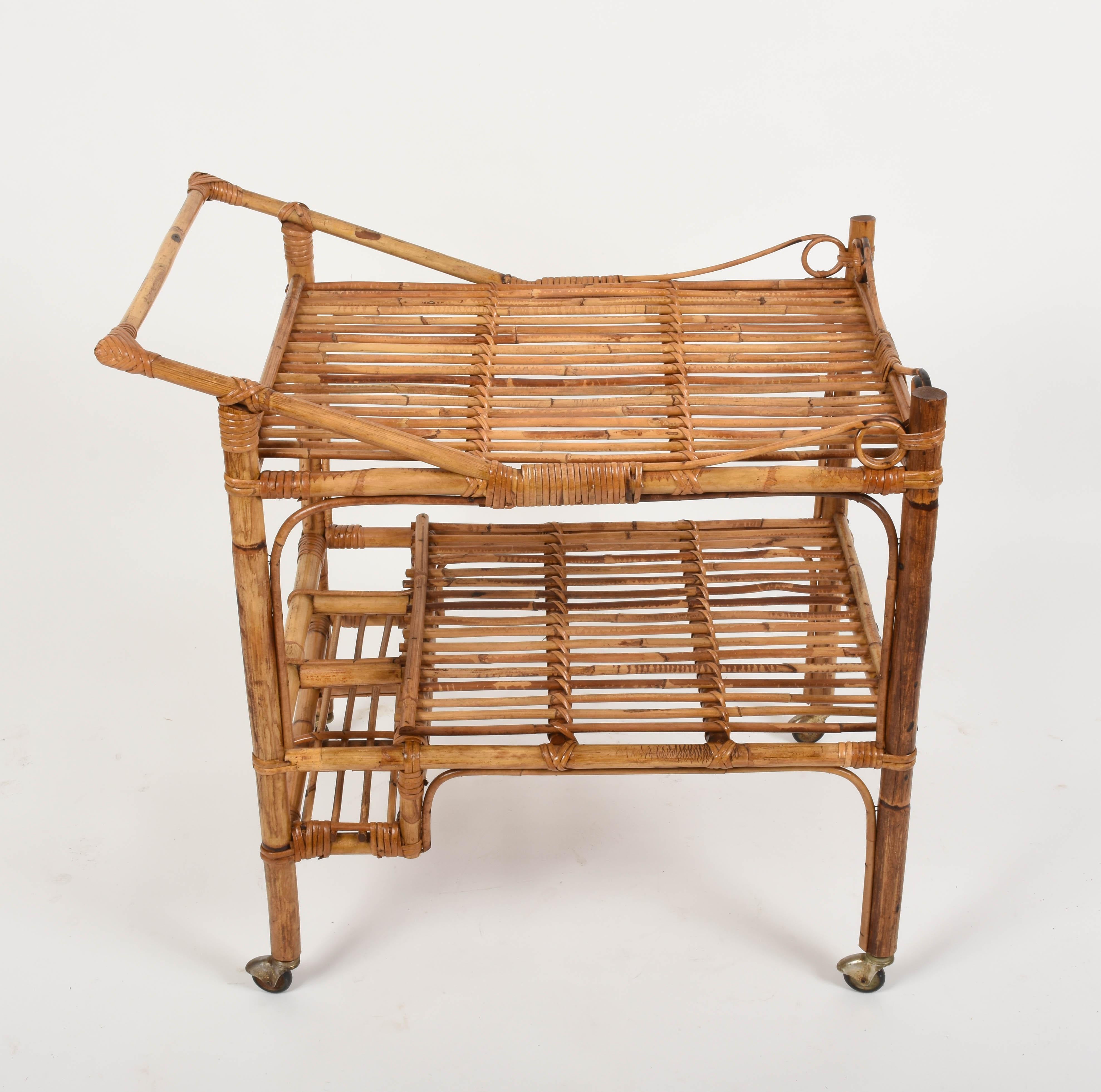 Mid-Century Modern French Riviera Rectangular Bamboo and Rattan Trolley Bar Cart, France, 1960s