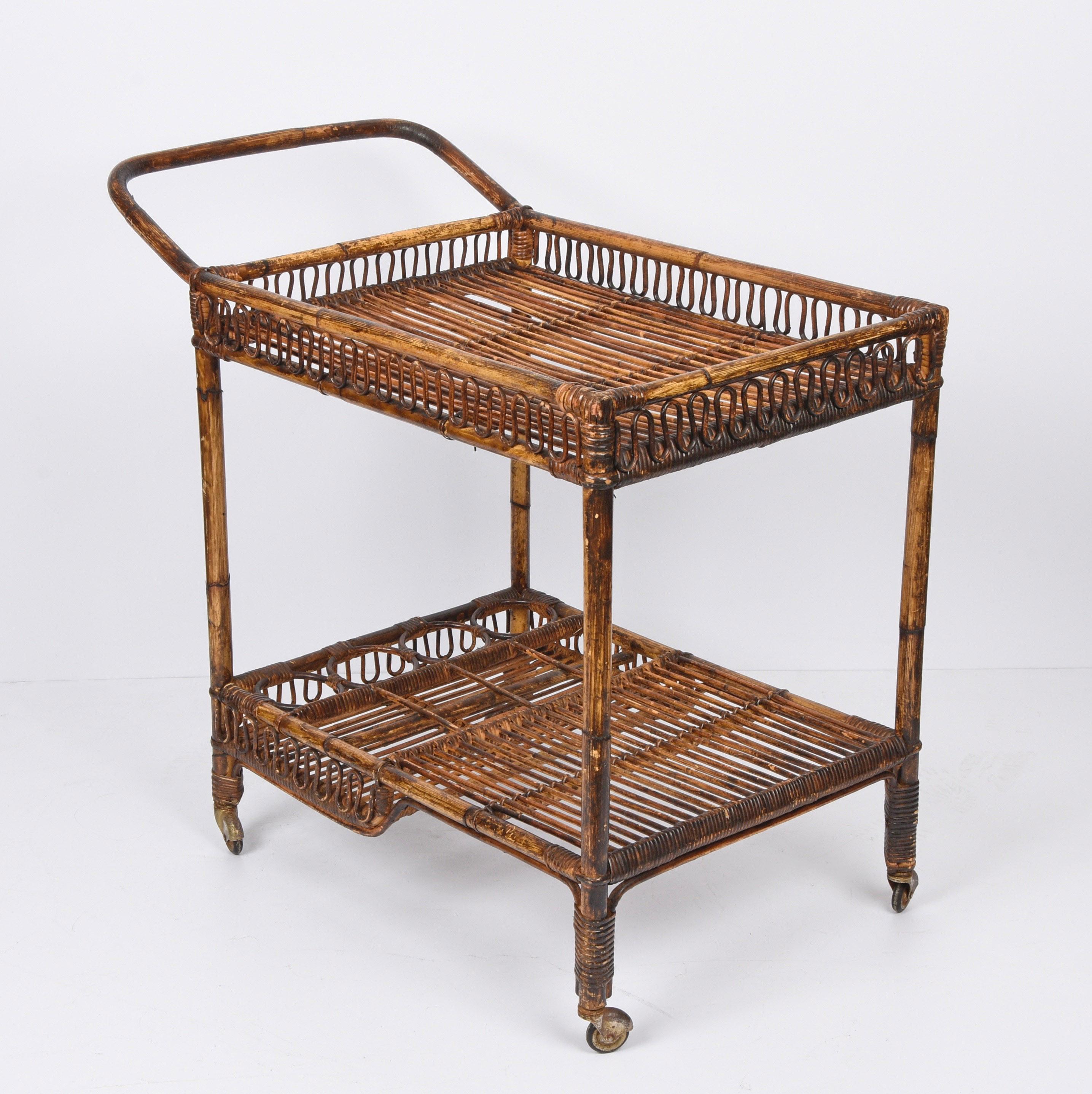 Mid-Century Modern French Riviera Rectangular Bamboo and Rattan Trolley Bar Cart, France, 1960s