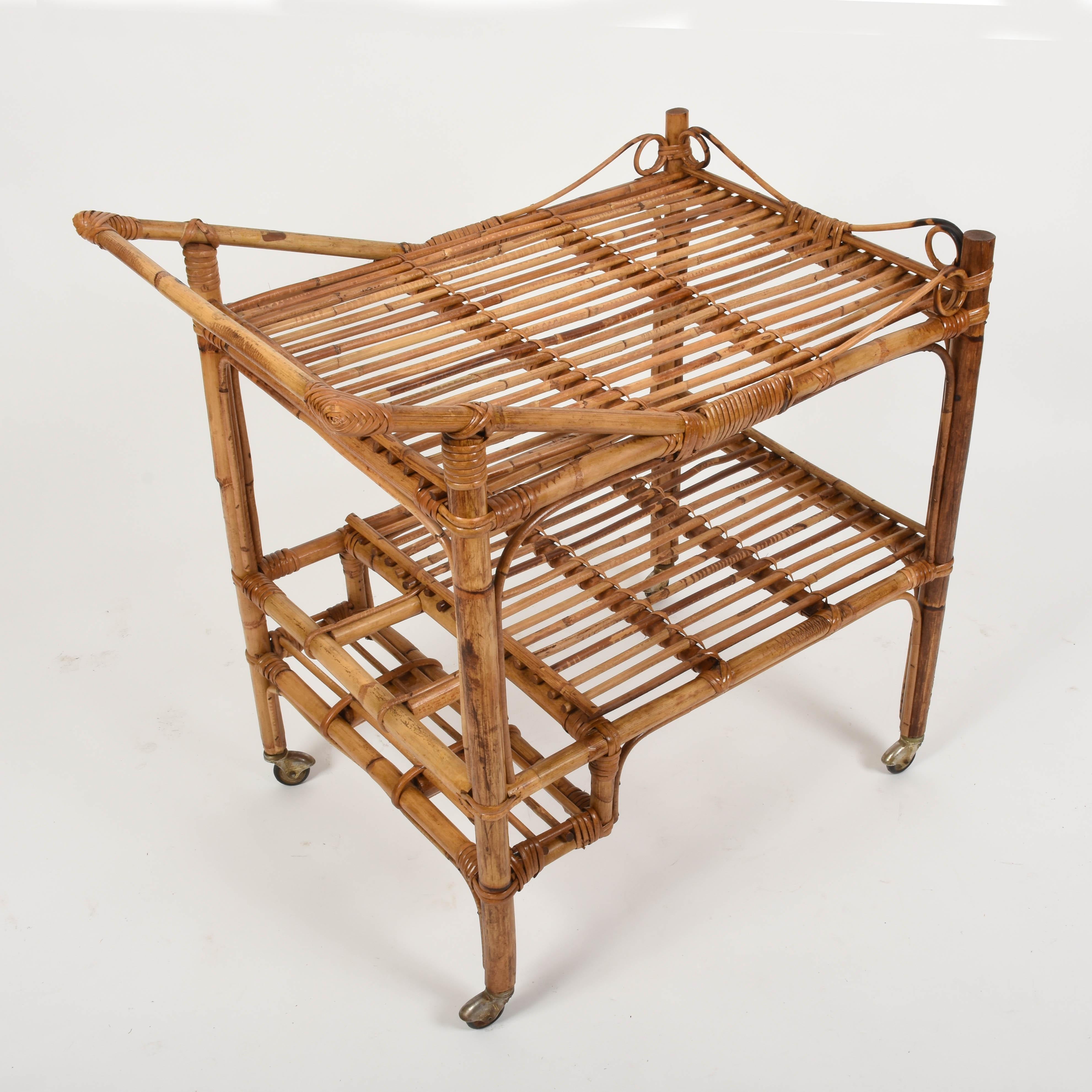 French Riviera Rectangular Bamboo and Rattan Trolley Bar Cart, France, 1960s In Good Condition In Roma, IT
