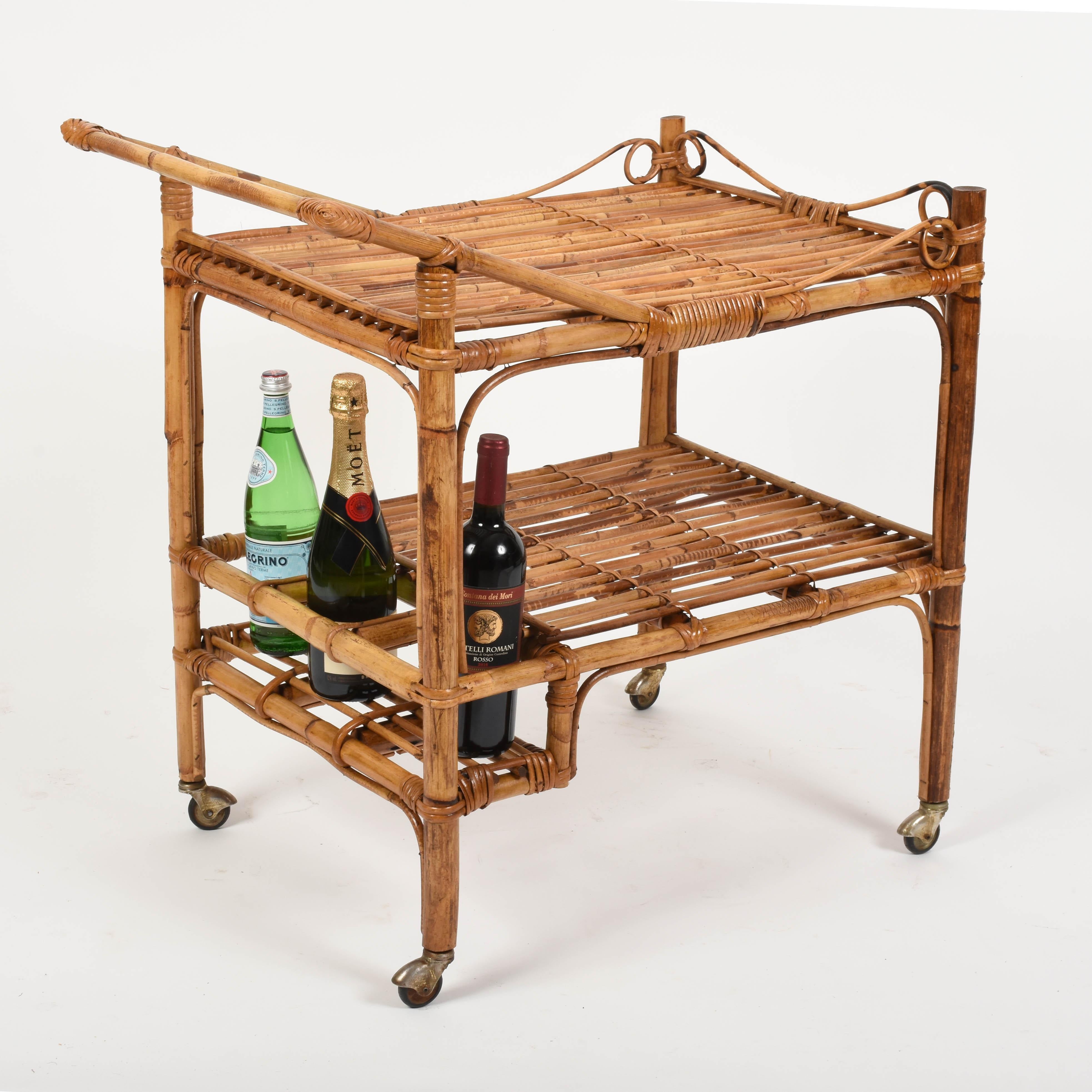 20th Century French Riviera Rectangular Bamboo and Rattan Trolley Bar Cart, France, 1960s