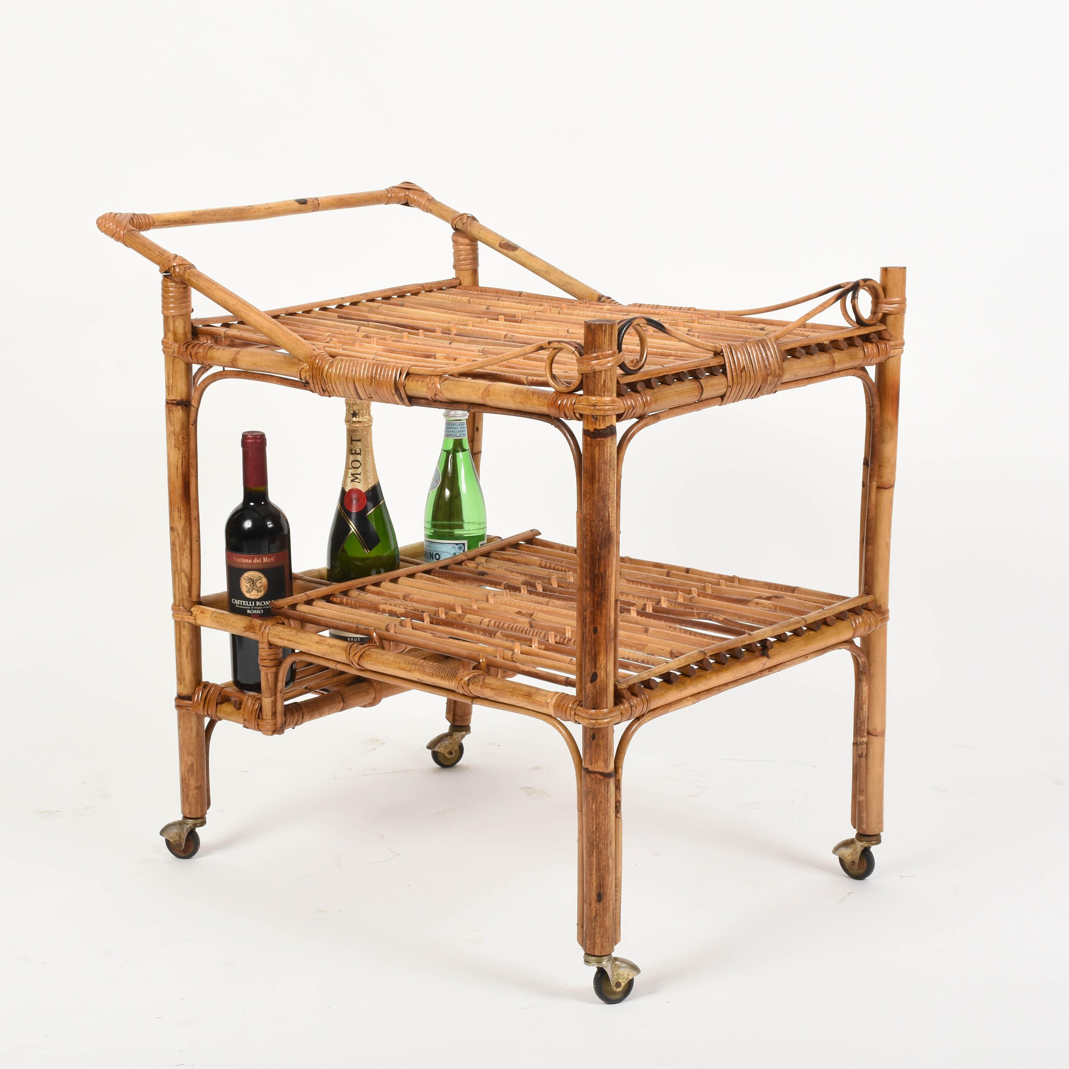 French Riviera Rectangular Bamboo and Rattan Trolley Bar Cart, France, 1960s 2