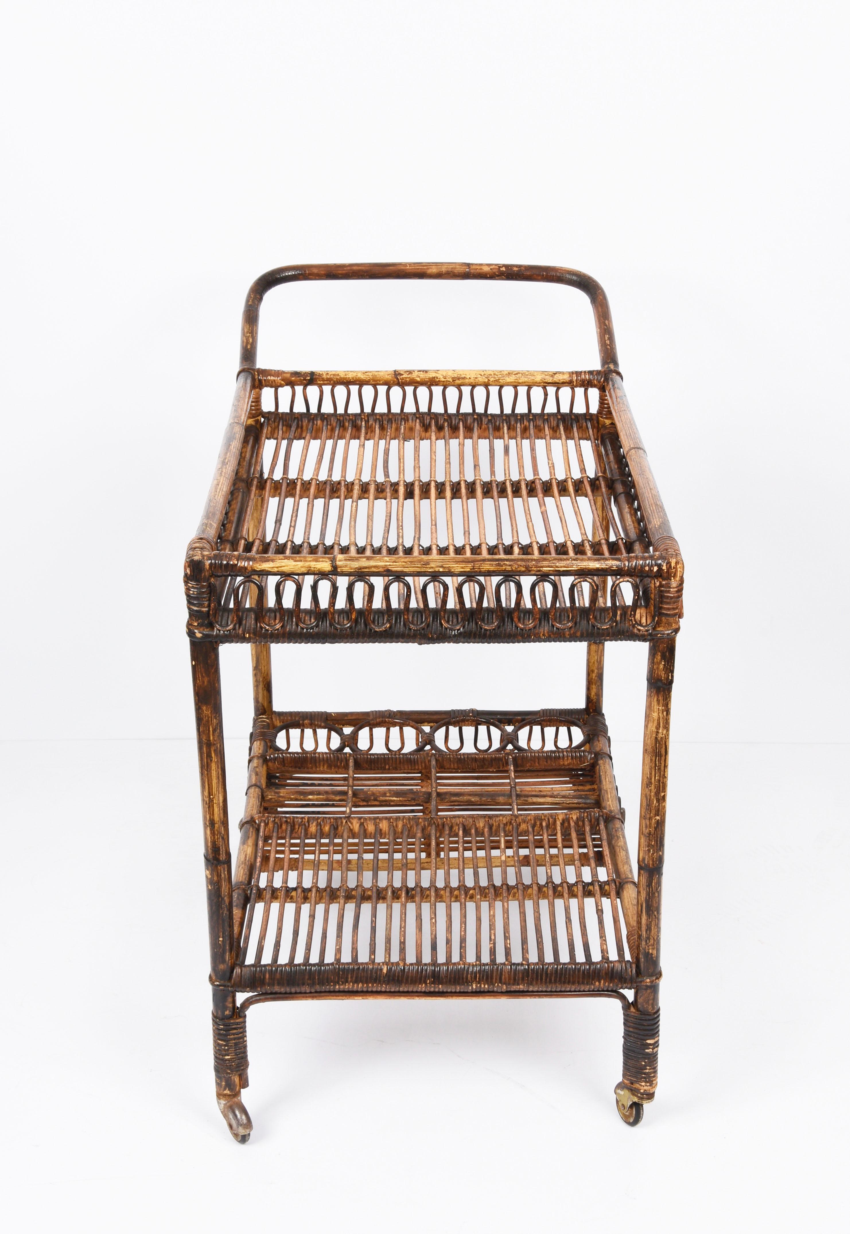 French Riviera Rectangular Bamboo and Rattan Trolley Bar Cart, France, 1960s 3