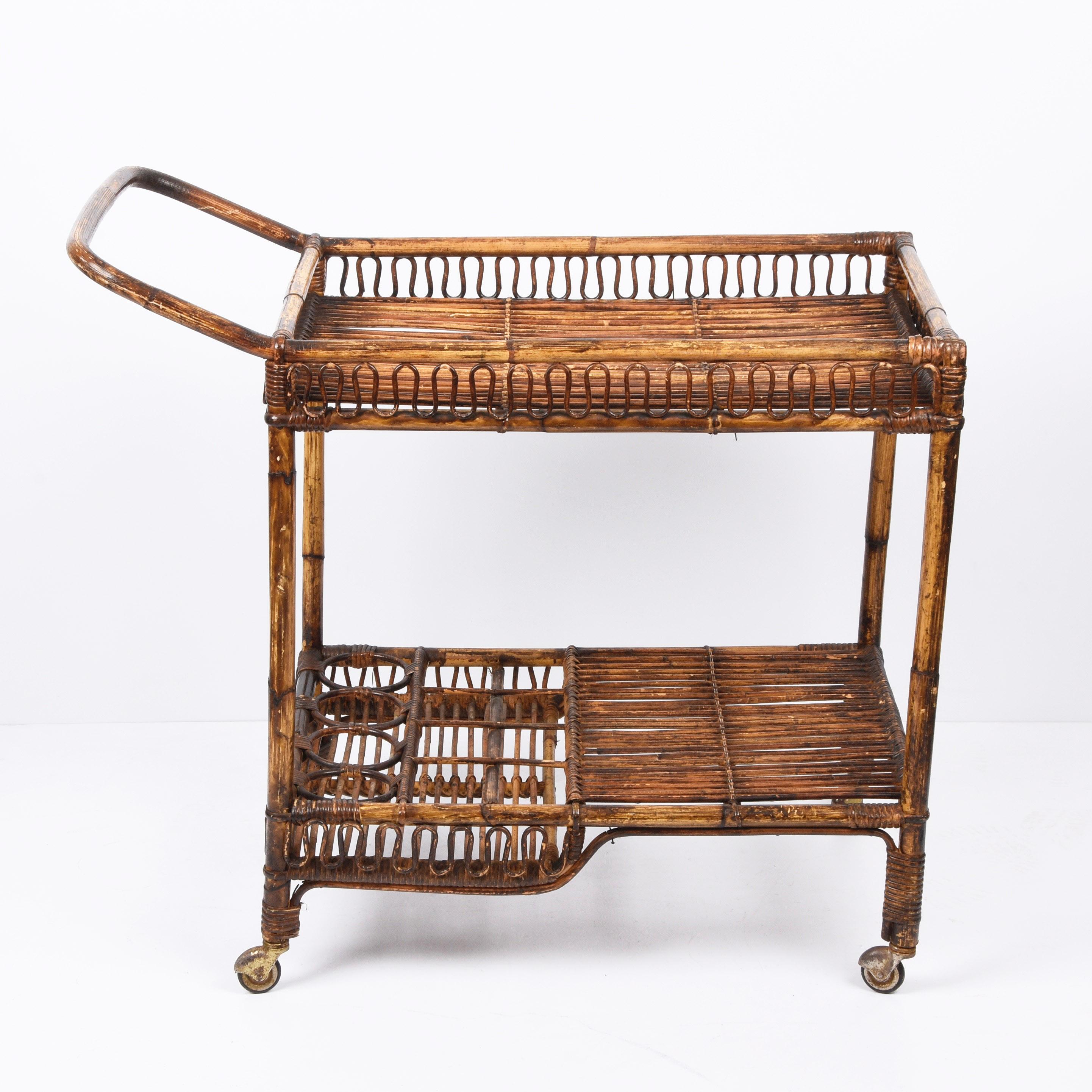 French Riviera Rectangular Bamboo and Rattan Trolley Bar Cart, France, 1960s 4