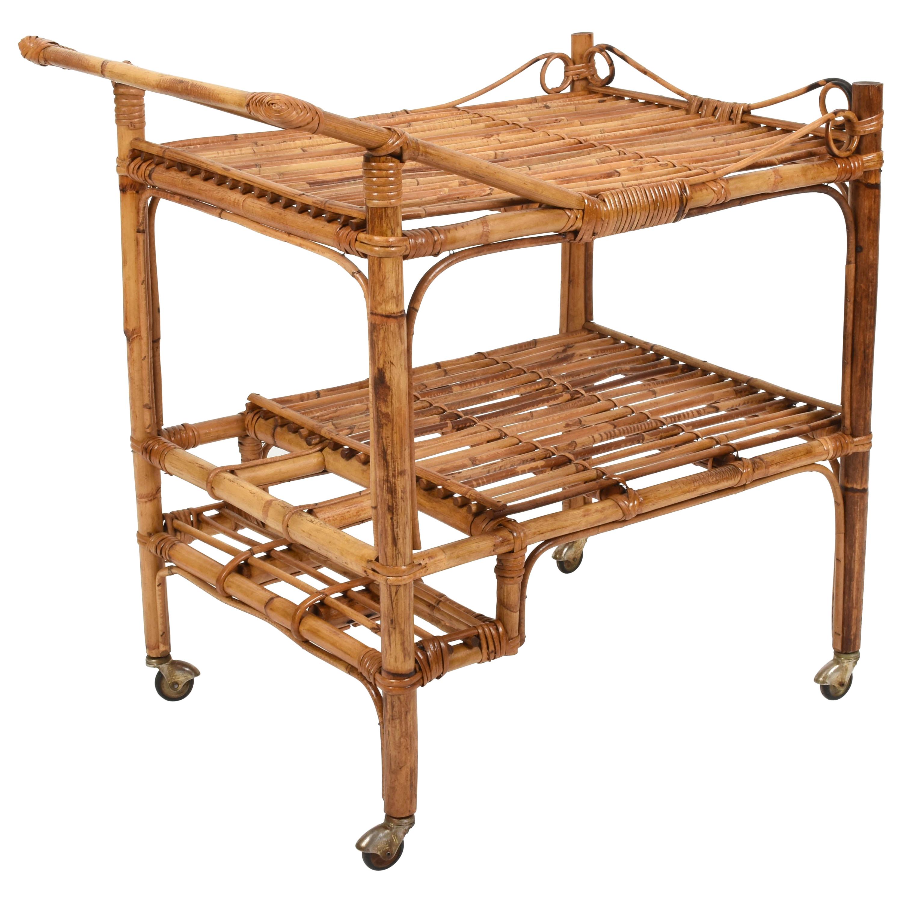 French Riviera Rectangular Bamboo and Rattan Trolley Bar Cart, France, 1960s