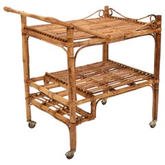 French Riviera Rectangular Bamboo and Rattan Trolley Bar Cart, France, 1960s