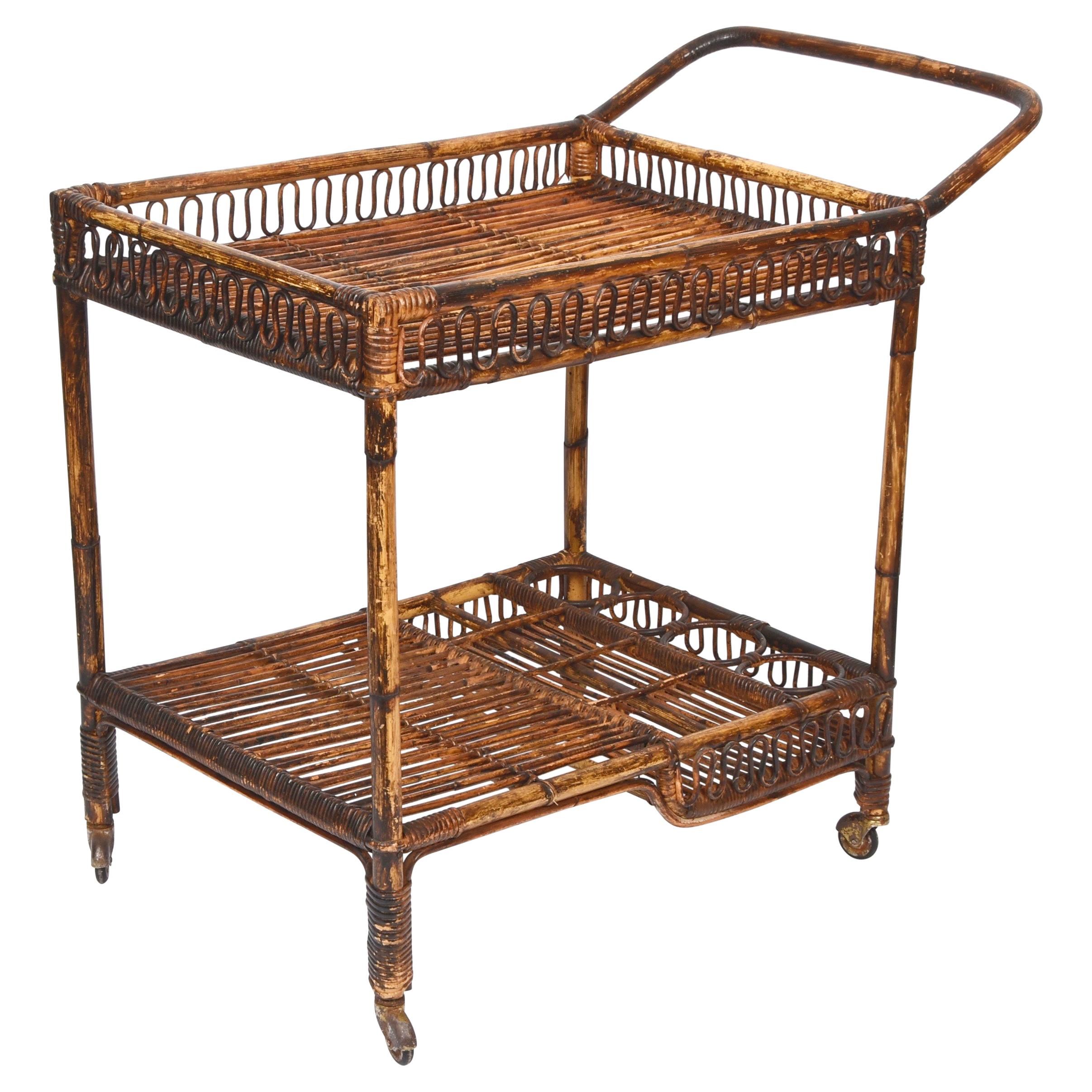 French Riviera Rectangular Bamboo and Rattan Trolley Bar Cart, France, 1960s