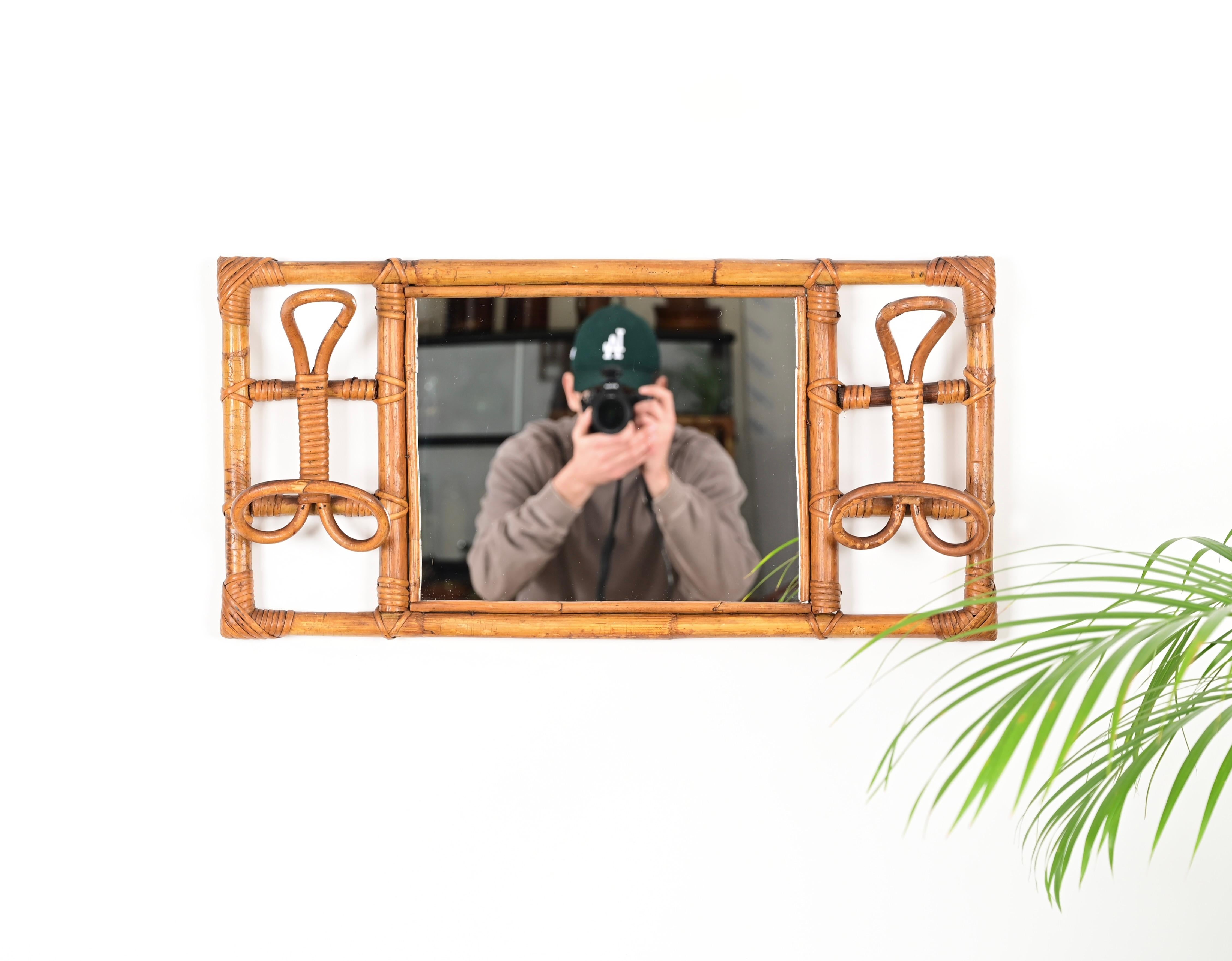 Mid-Century Modern French Riviera Rectangular Mirror with Coat Hooks in Rattan, Wicker, Italy 1960s