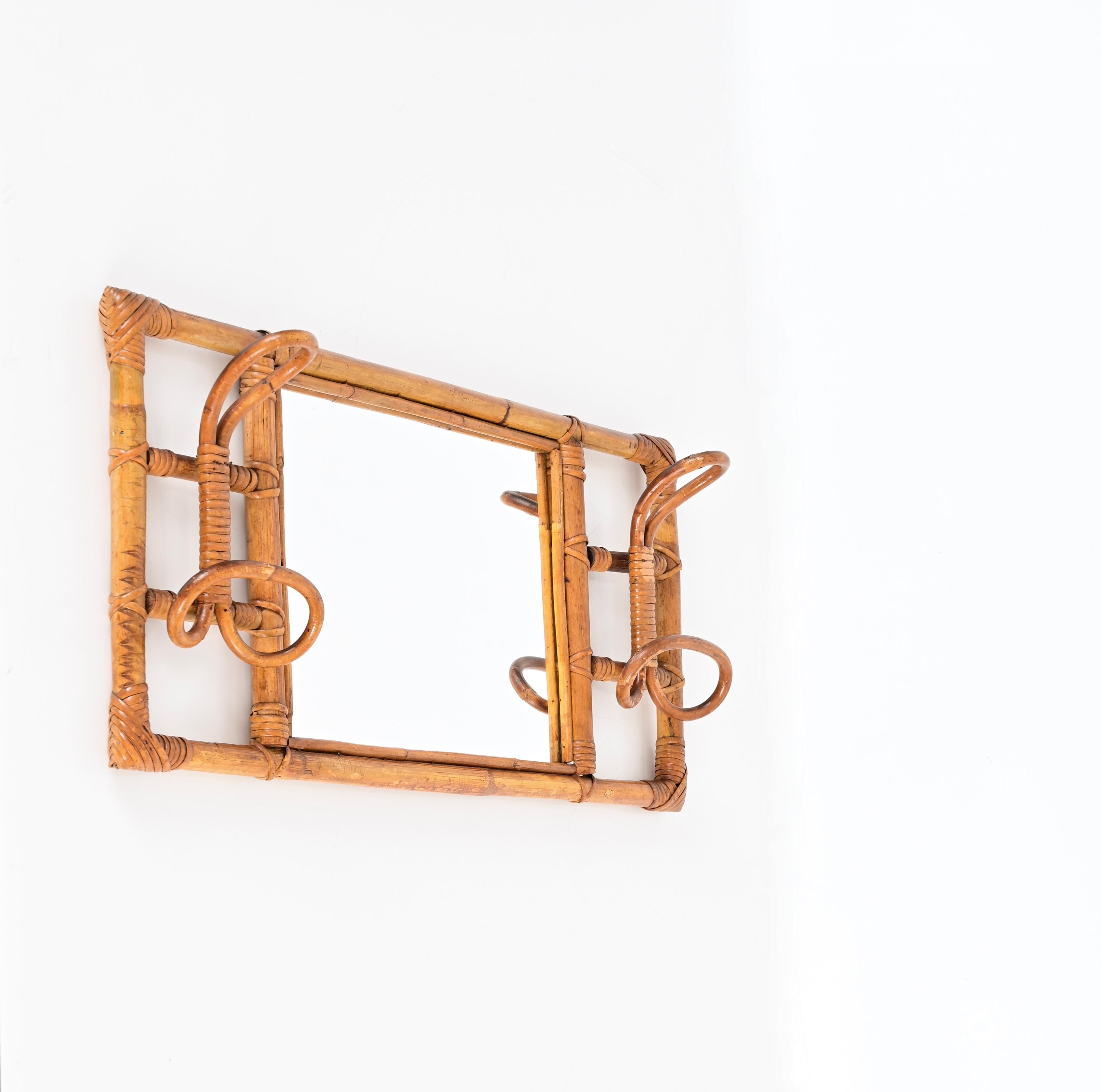 Mid-20th Century French Riviera Rectangular Mirror with Coat Hooks in Rattan, Wicker, Italy 1960s