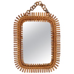 French Riviera Rectangular Wall Mirror with Bamboo and Rattan Frame, 1960s