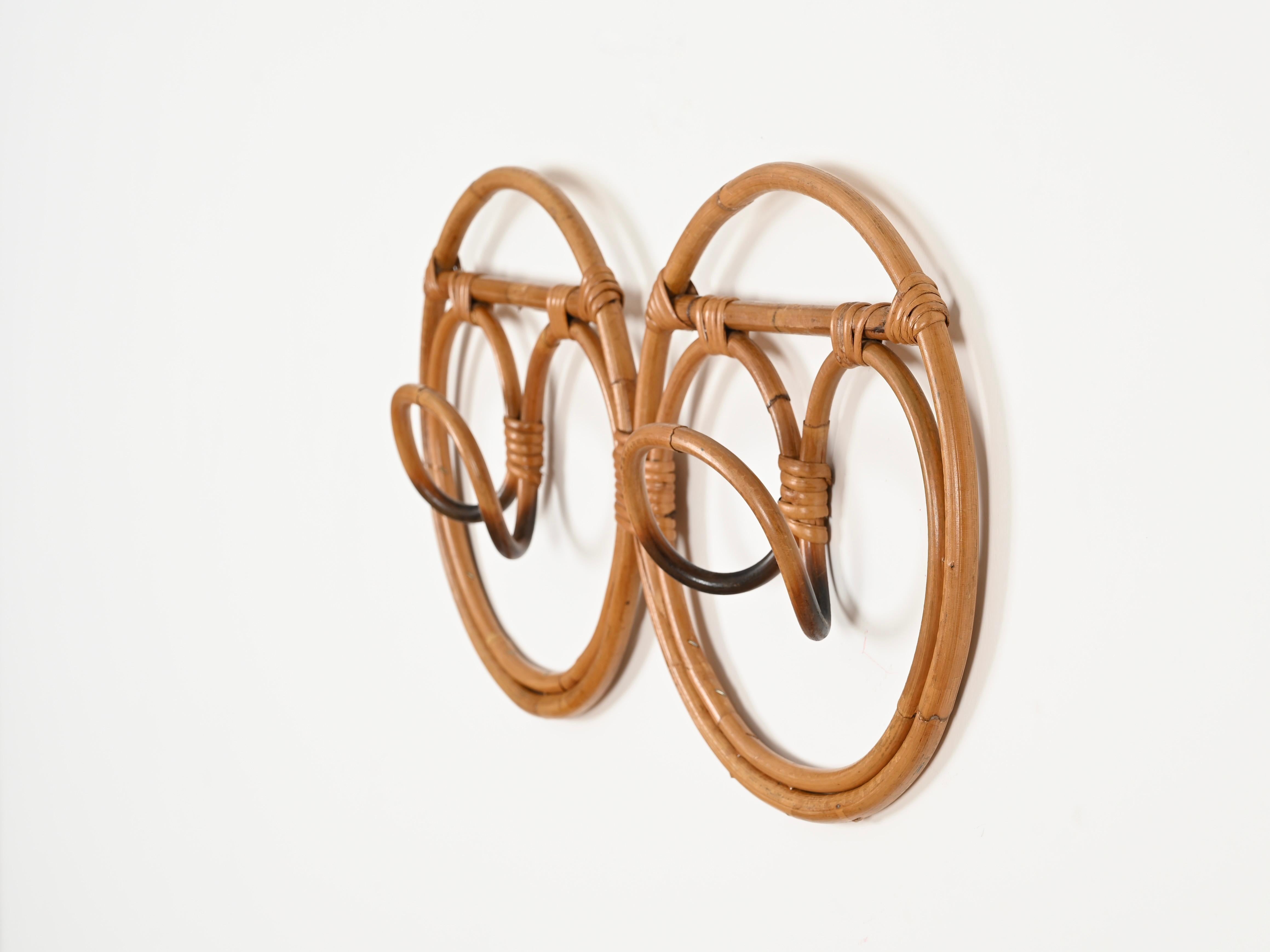 Hand-Crafted French Riviera Round Coat Rack, Bamboo and Wicker by Albini & Helg, Italy 1960s For Sale