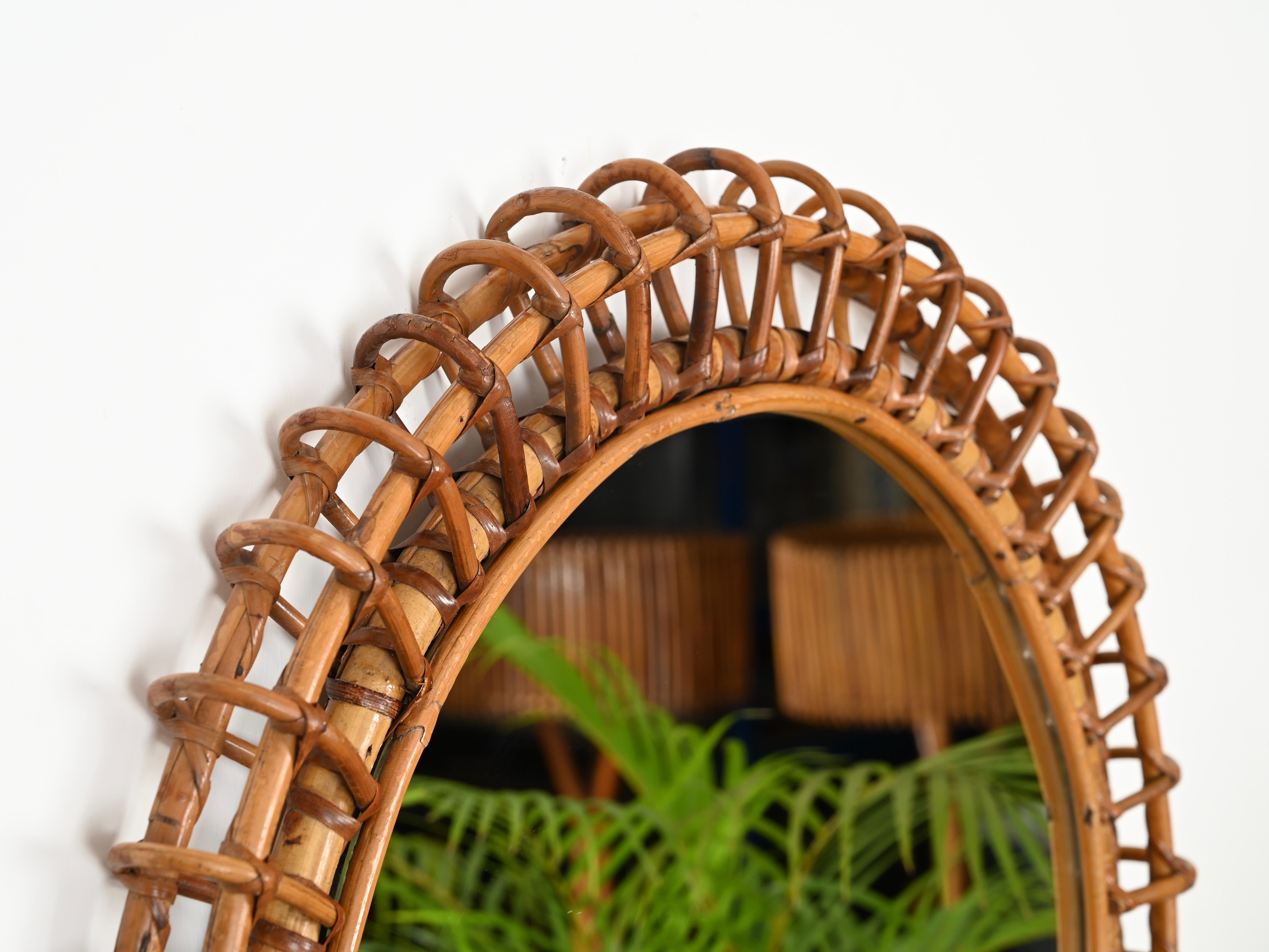 Hand-Crafted French Riviera Round Mirror in Bamboo and Rattan by Franco Albini, Italy 1960s