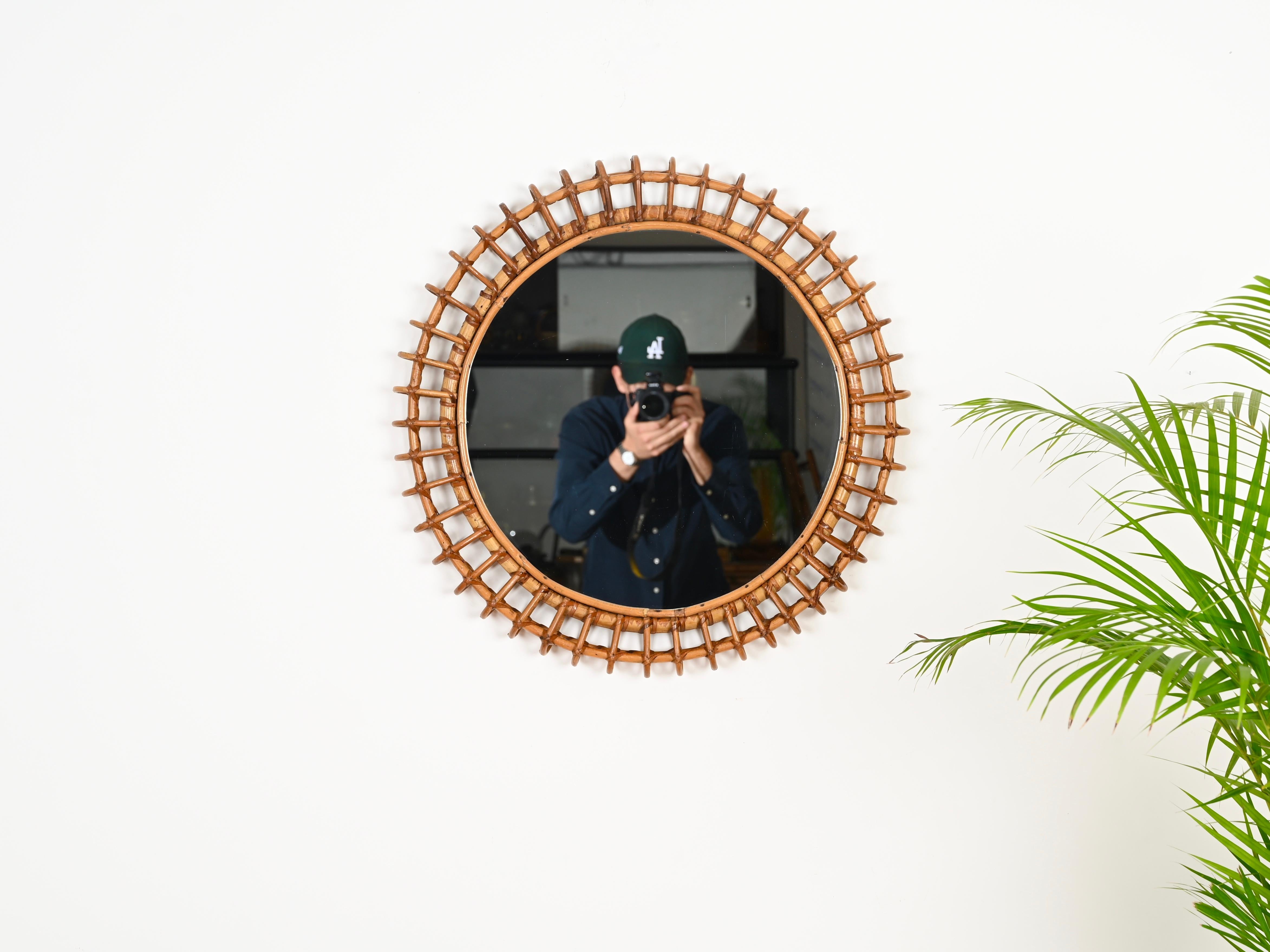 French Riviera Round Mirror in Bamboo and Rattan by Franco Albini, Italy 1960s In Good Condition In Roma, IT