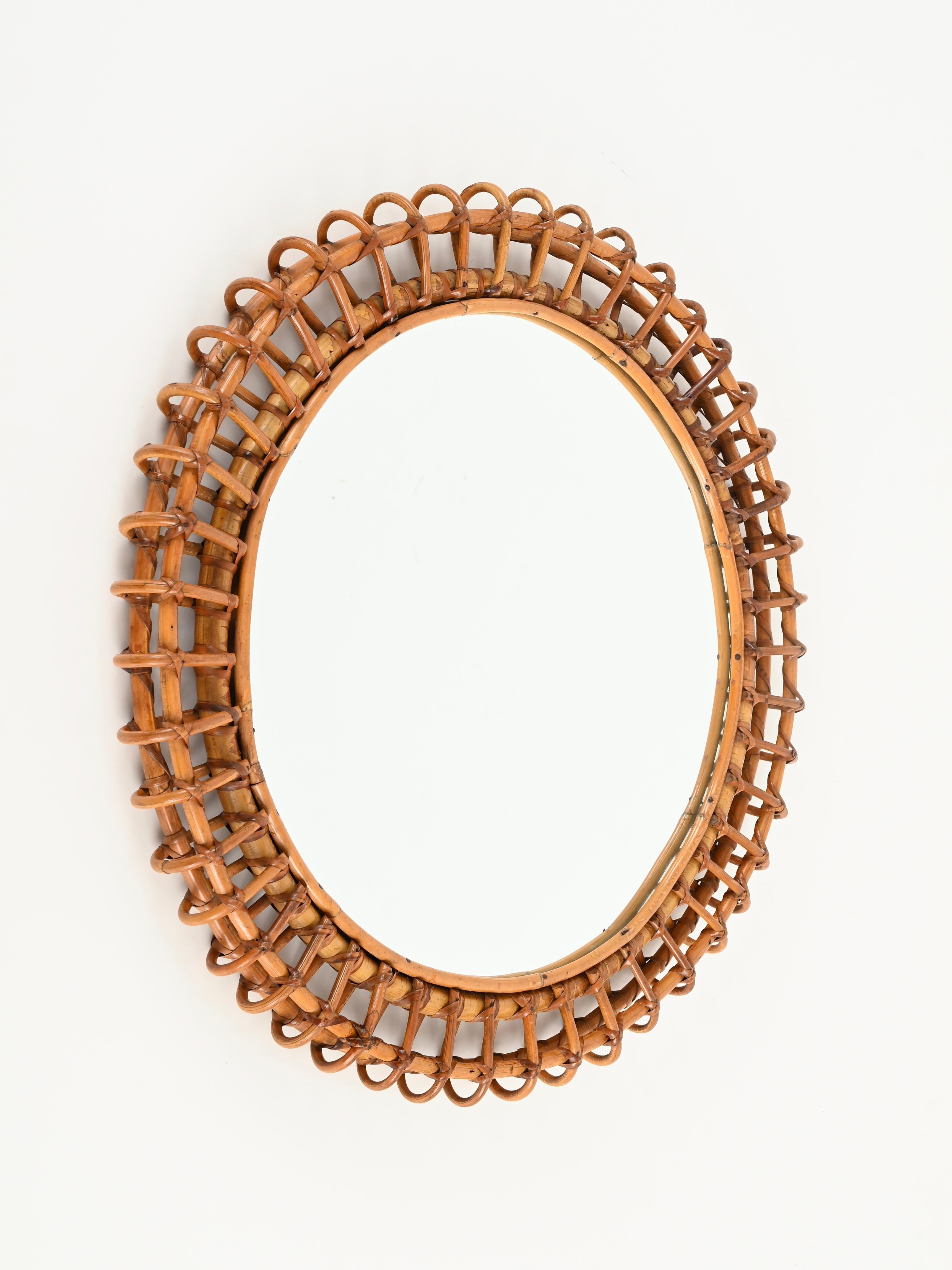 French Riviera Round Mirror in Bamboo and Rattan by Franco Albini, Italy 1960s 3
