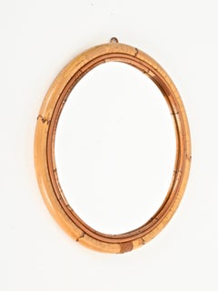 French Riviera Round Mirror in Curved Bamboo and Wicker, Italy 1970s