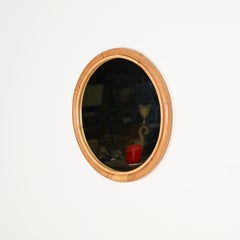 French Riviera Round Mirror in Curved Bamboo and Wicker, Italy 1970s