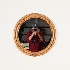 French Riviera Round Mirror in Curved Bamboo and Wicker, Italy 1970s