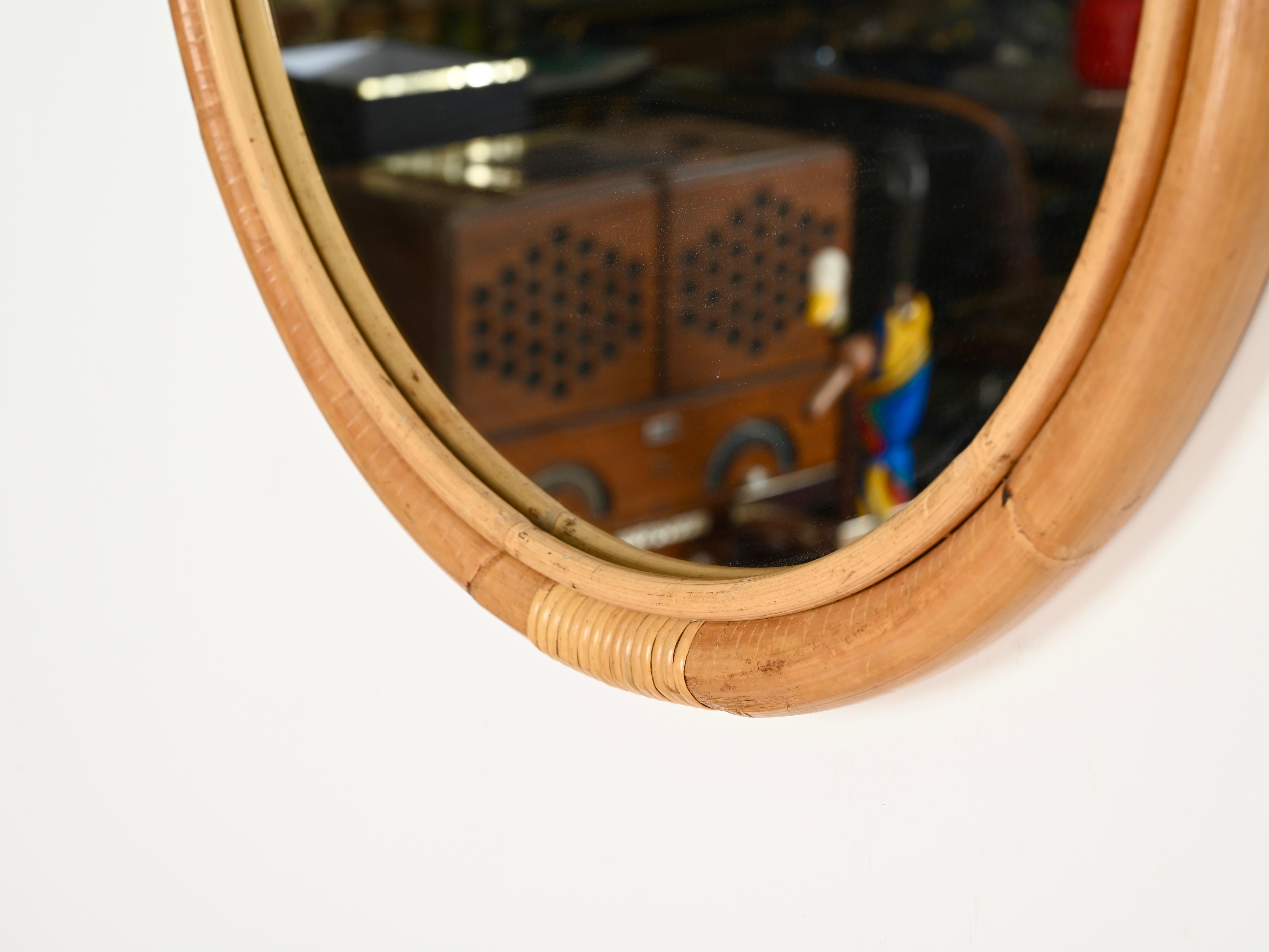 Specchio rotondo French Riviera in bambù curvato e vimini, Italia anni '70 in vendita 1