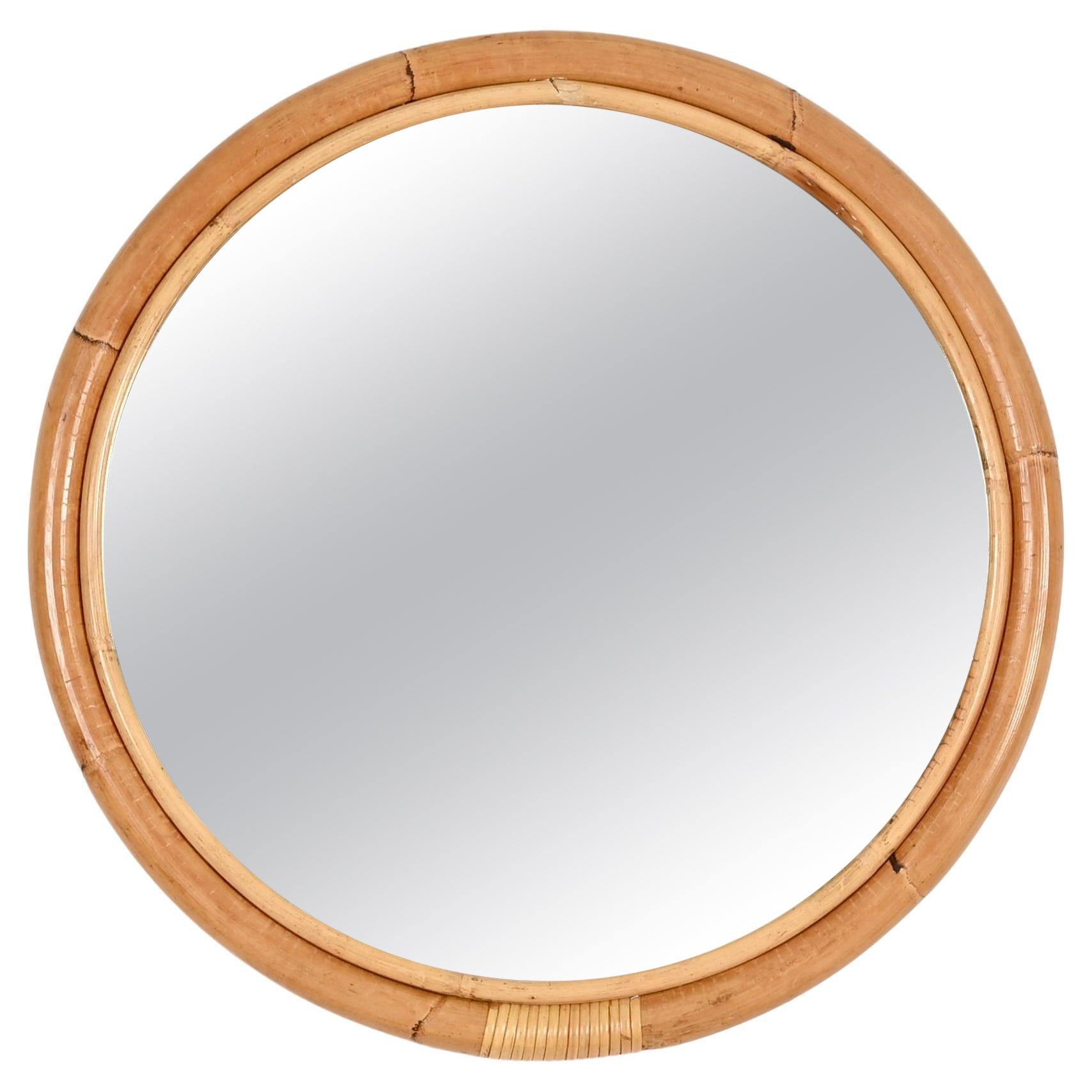 Miroir rond de la Côte d'Azur en bambou et osier incurvé, Italie, années 1970