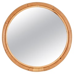 French Riviera Round Mirror in Curved Bamboo and Wicker, Italy 1970s