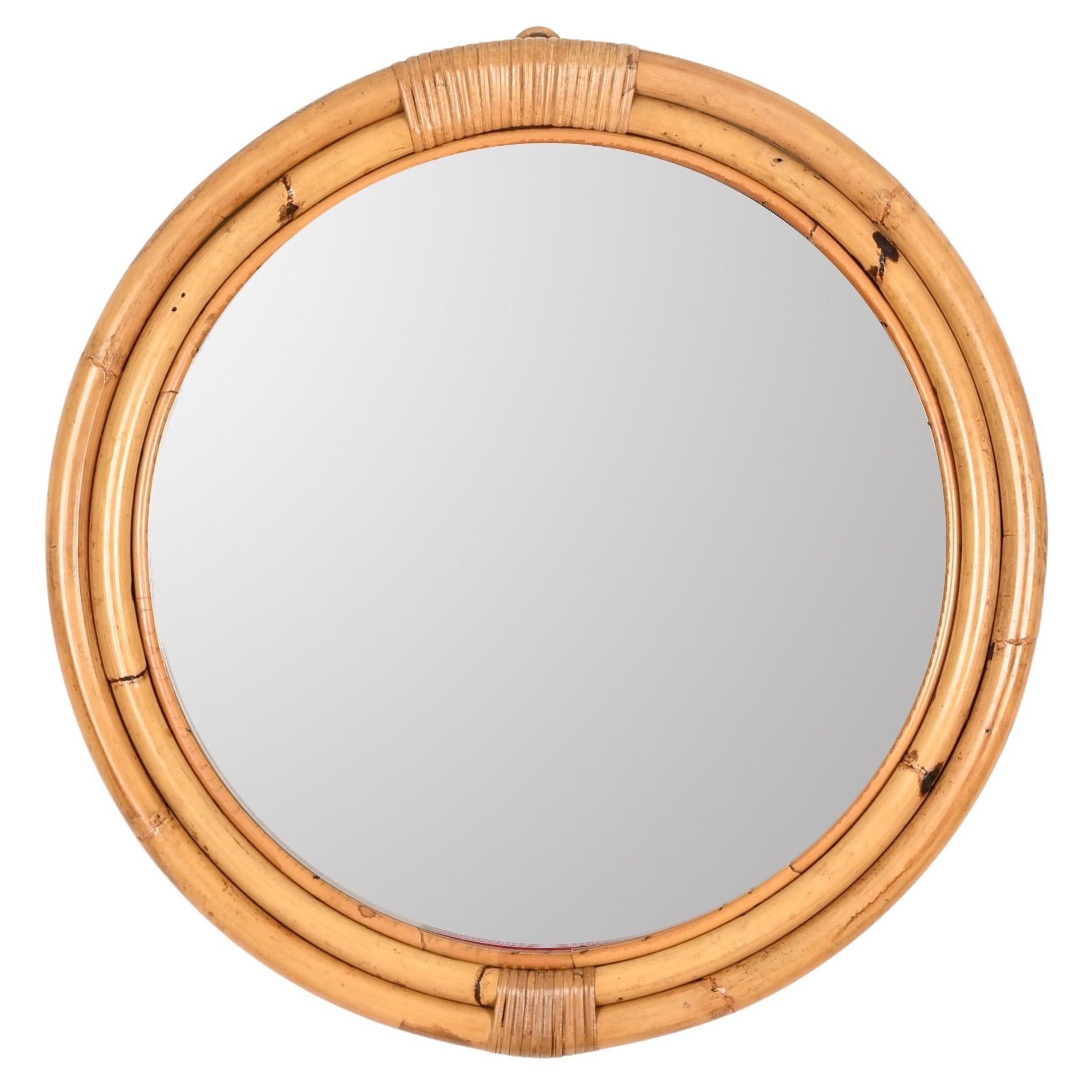 Specchio rotondo French Riviera in bambù curvato e vimini, Italia anni 
70
