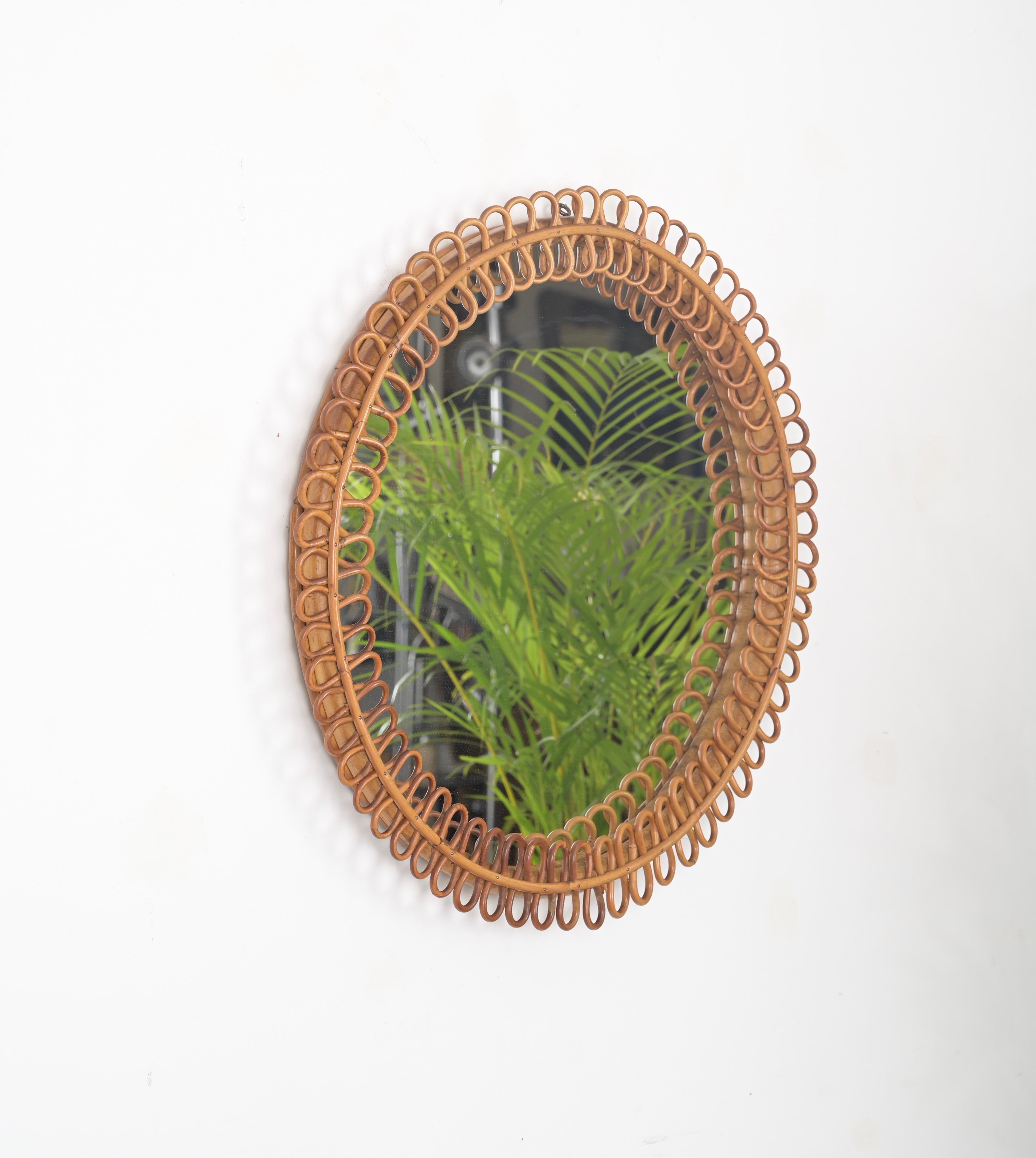 Mid-Century Modern French Riviera Round Mirror in Curved Rattan and Bamboo by Albini, Italy 1960s For Sale