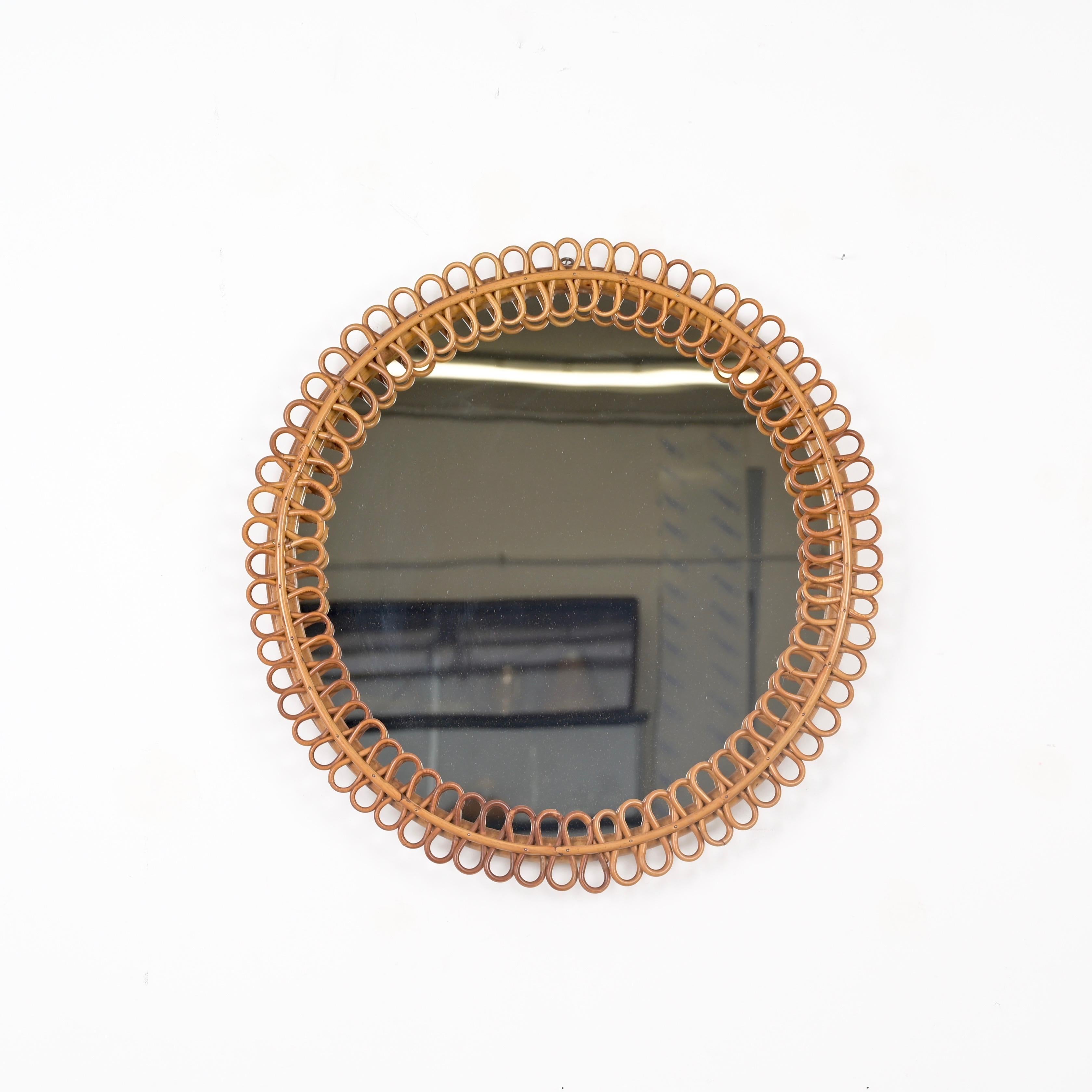 Hand-Crafted French Riviera Round Mirror in Curved Rattan and Bamboo by Albini, Italy 1960s For Sale