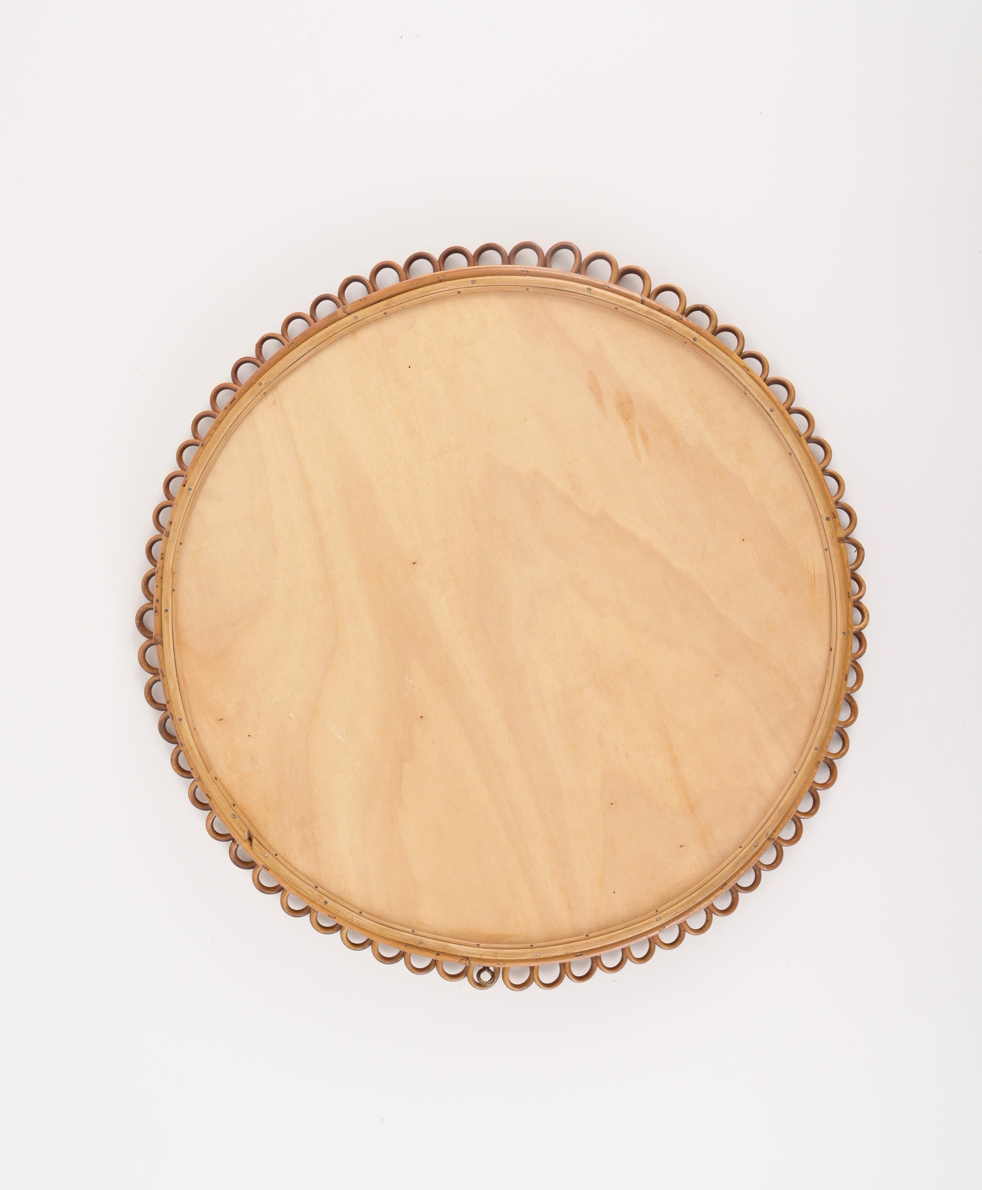 Mid-20th Century French Riviera Round Mirror in Curved Rattan and Bamboo by Albini, Italy 1960s For Sale
