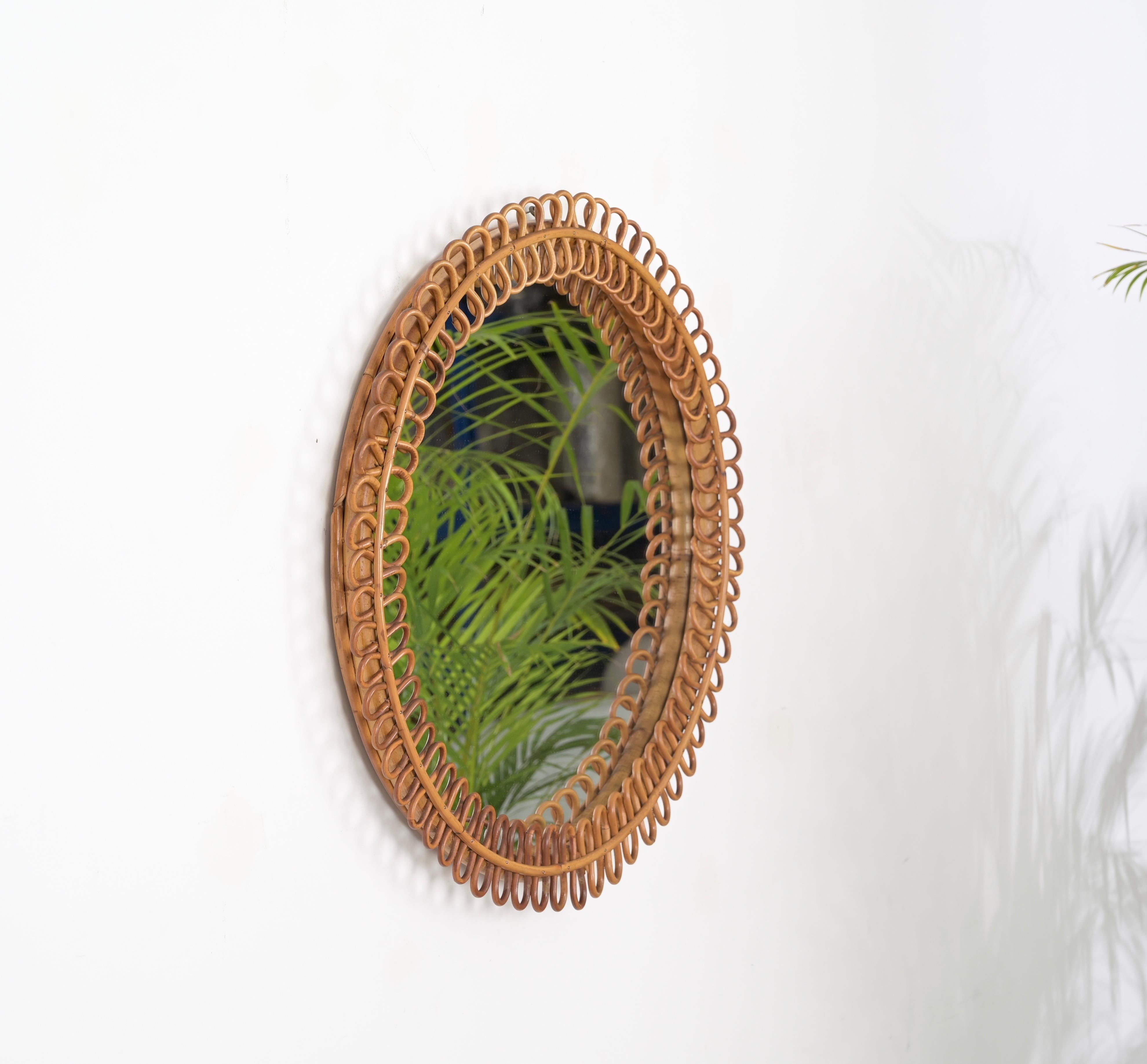 French Riviera Round Mirror in Curved Rattan and Bamboo by Albini, Italy 1960s For Sale 2