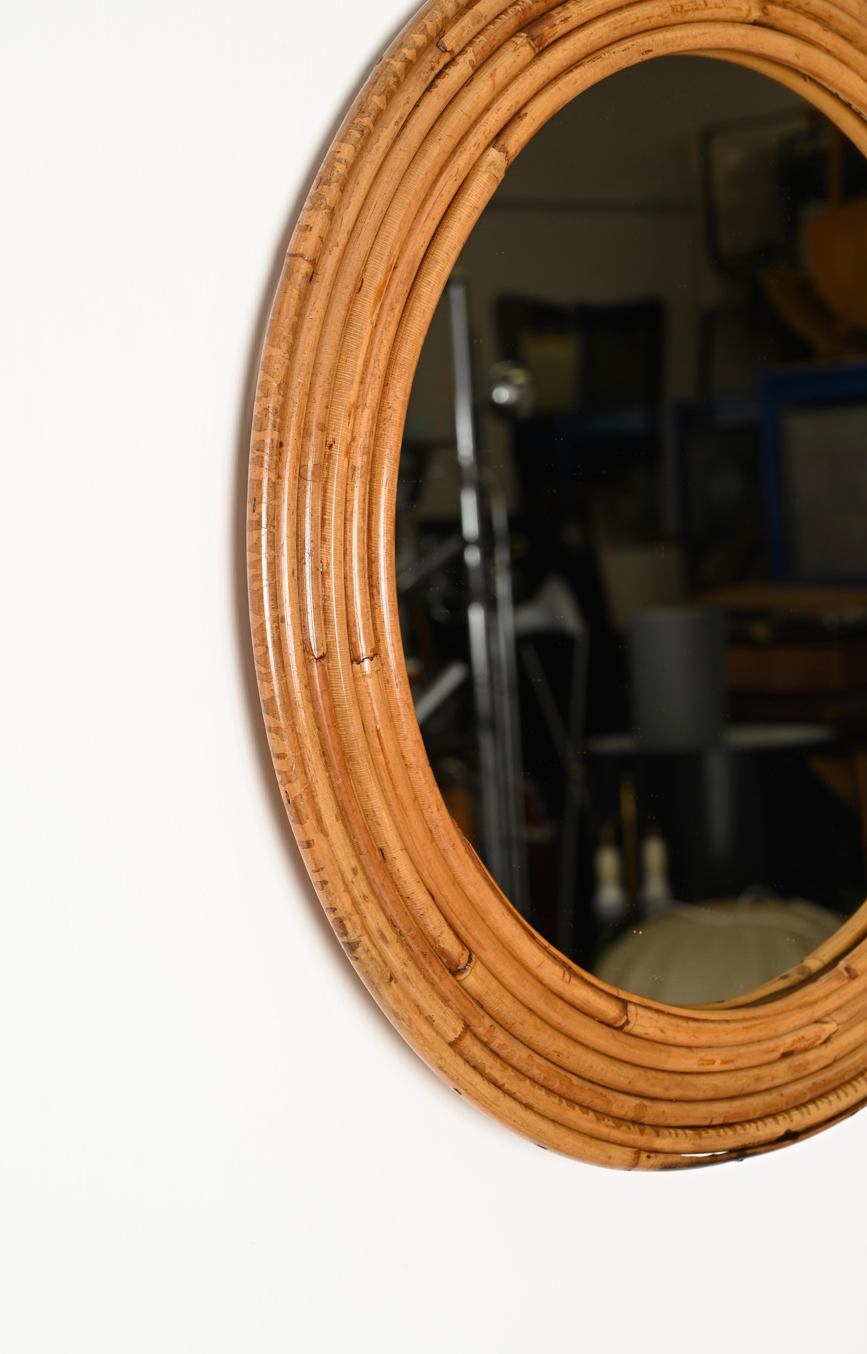 French Riviera Round Mirror in Curved Rattan by Vivai Del Sud, Italy, 1970s For Sale 3
