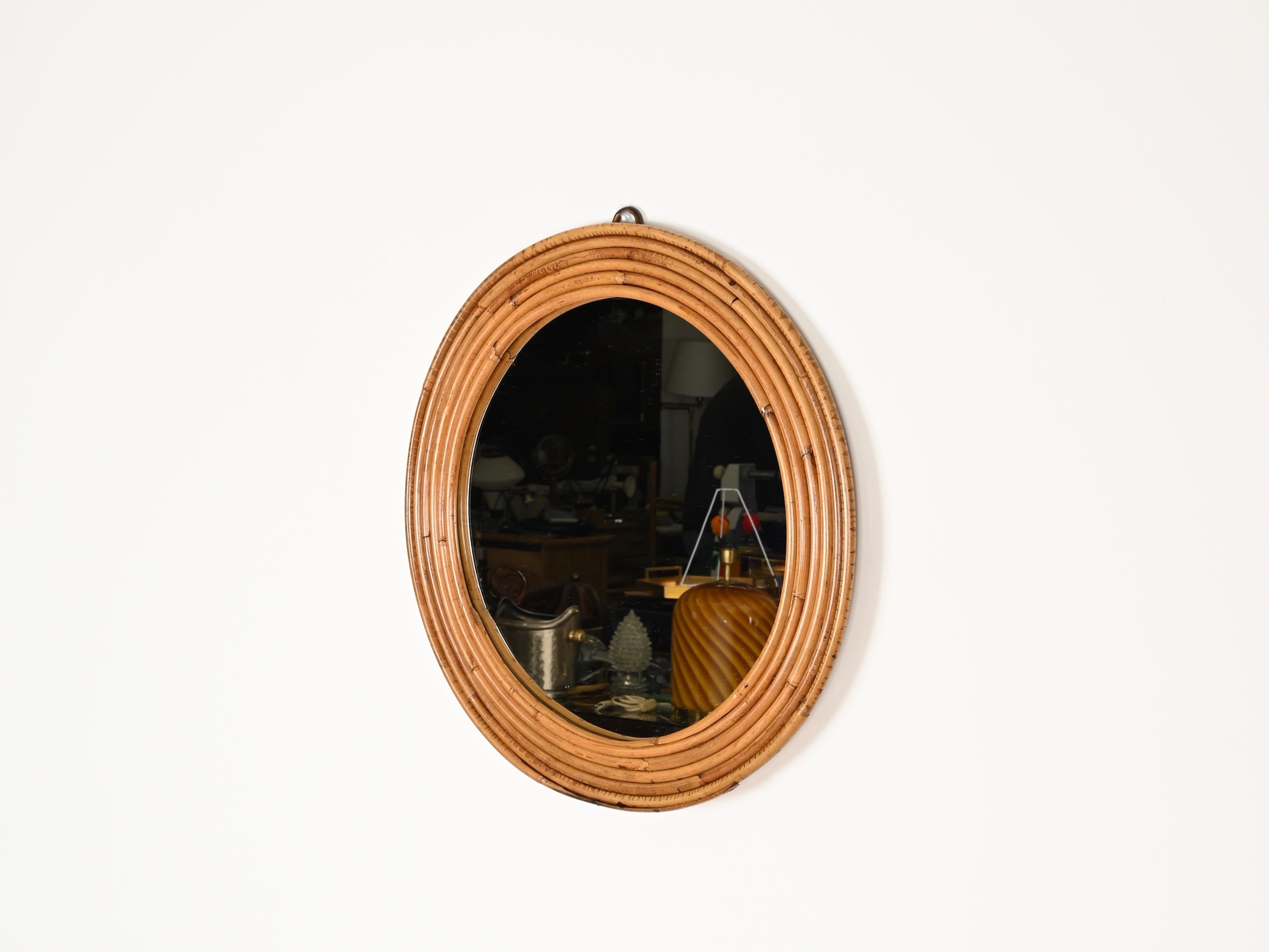 Mid-Century Modern French Riviera Round Mirror in Curved Rattan by Vivai Del Sud, Italy, 1970s For Sale