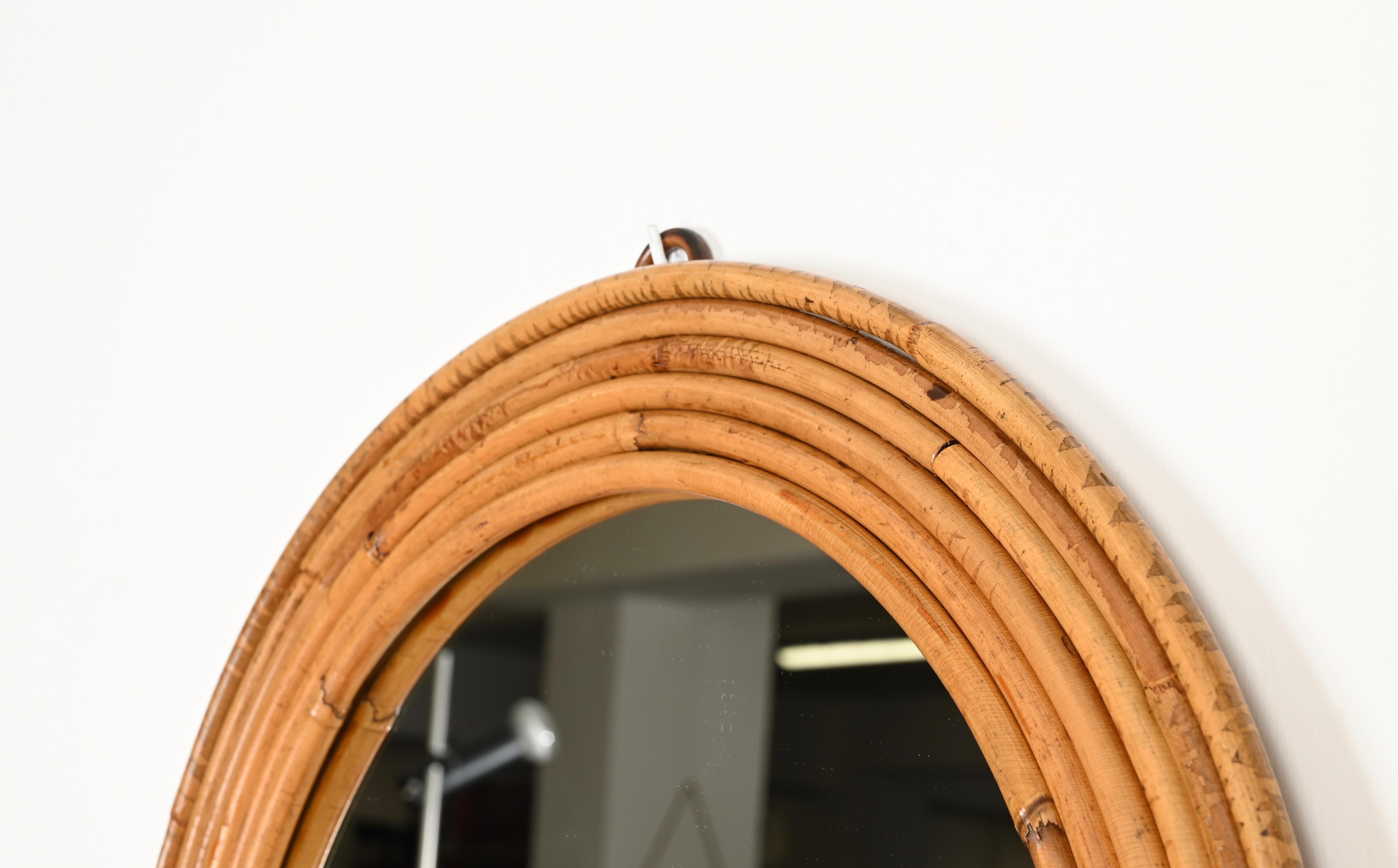 Hand-Crafted French Riviera Round Mirror in Curved Rattan by Vivai Del Sud, Italy, 1970s For Sale