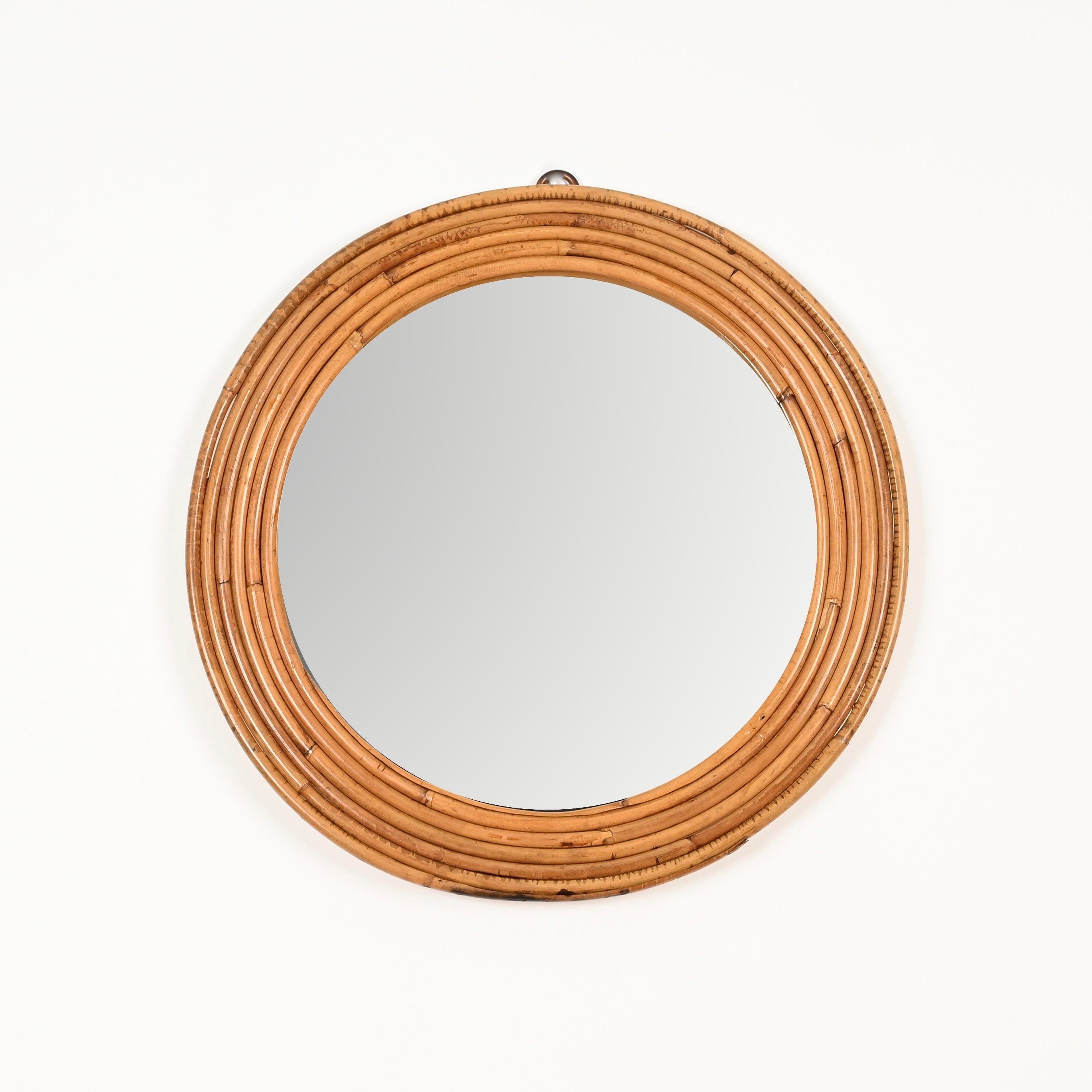 20th Century French Riviera Round Mirror in Curved Rattan by Vivai Del Sud, Italy, 1970s For Sale