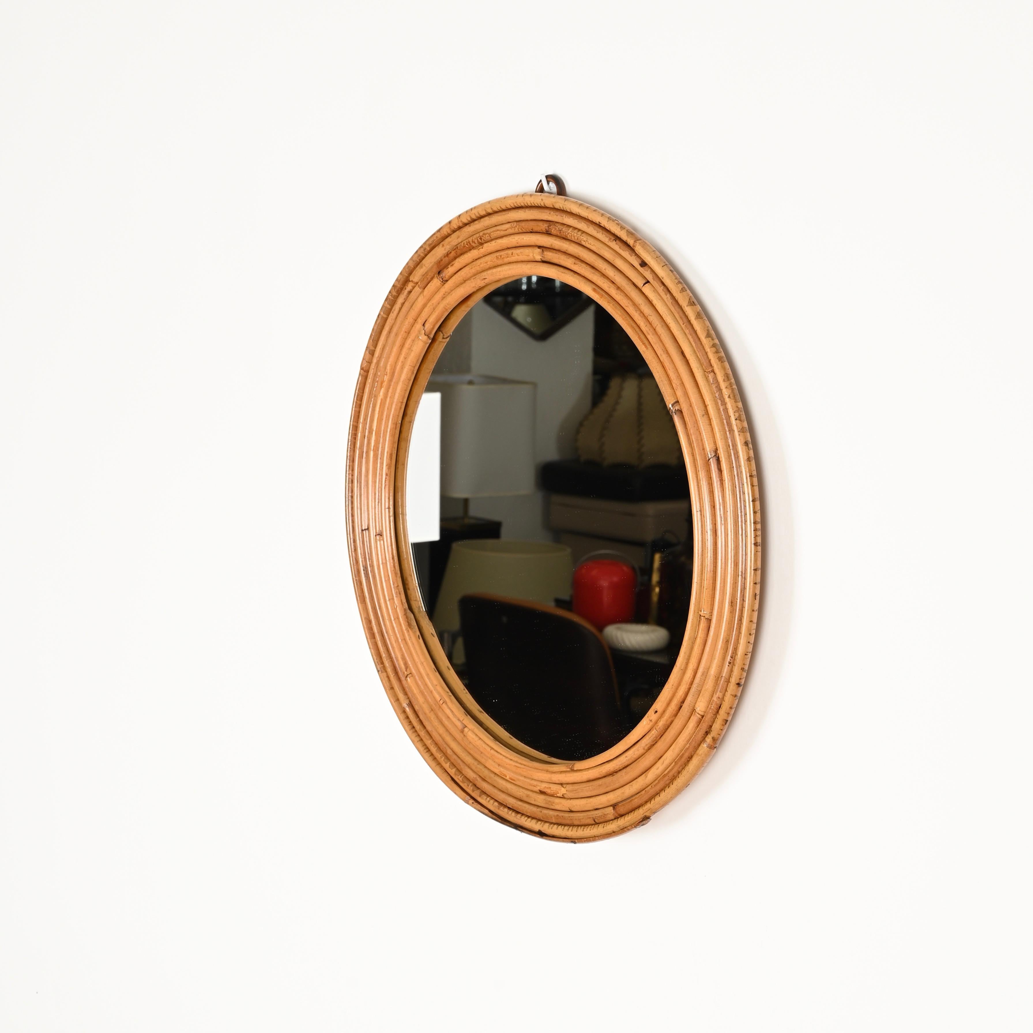 French Riviera Round Mirror in Curved Rattan by Vivai Del Sud, Italy, 1970s For Sale 1