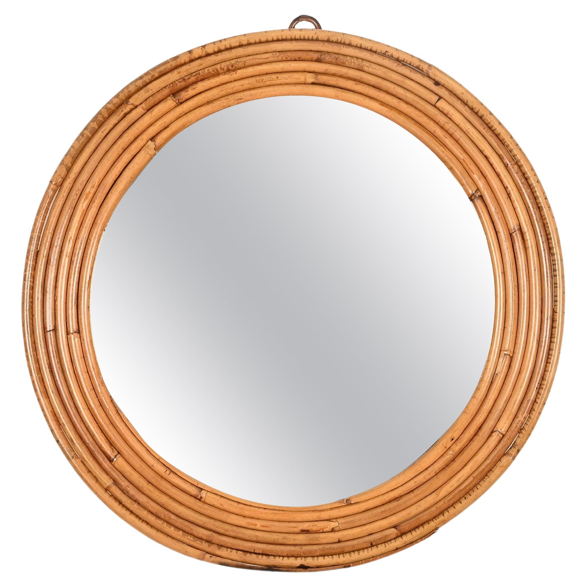 French Riviera Round Mirror in Curved Rattan by Vivai Del Sud, Italy, 1970s For Sale