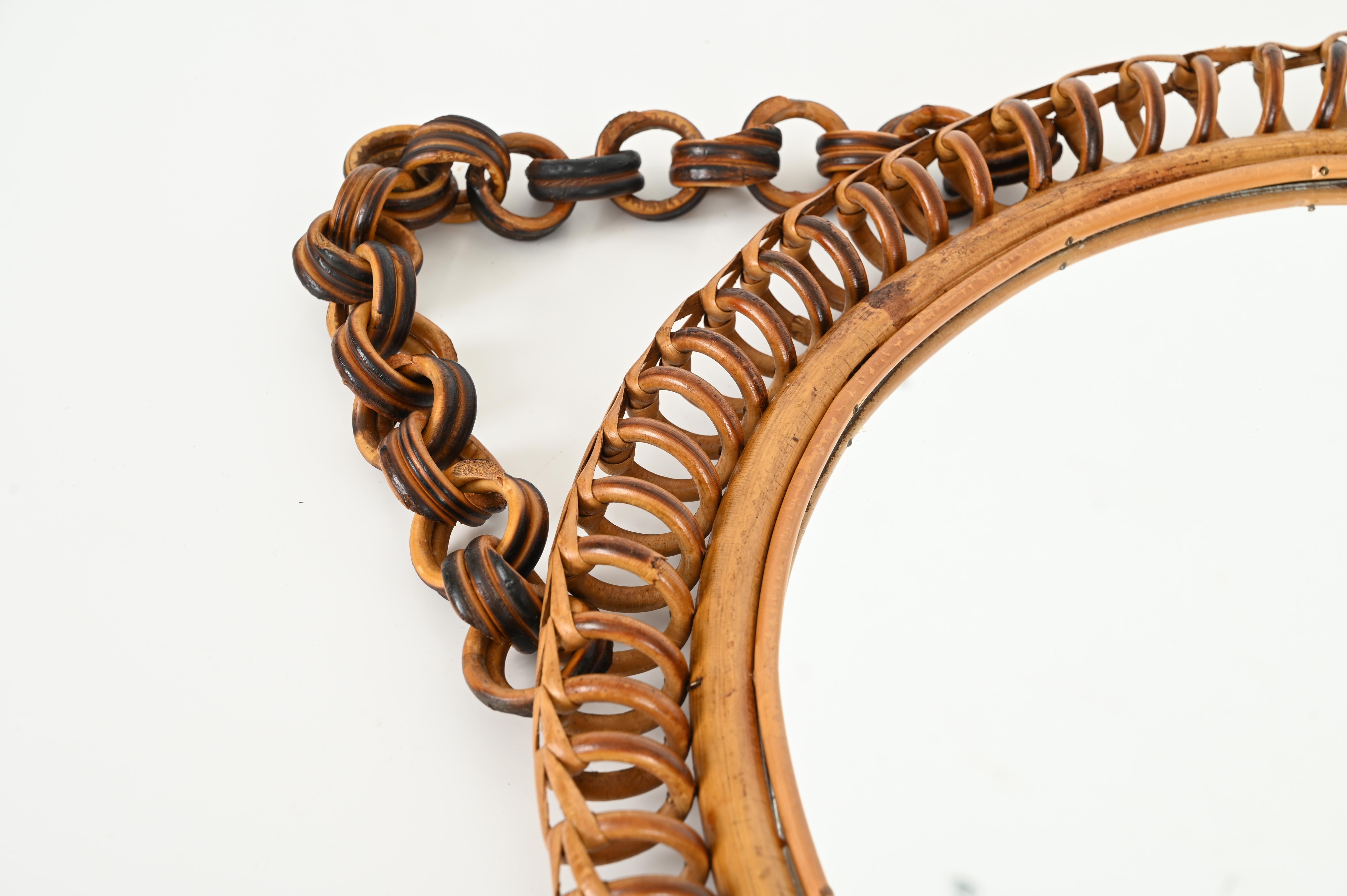French Riviera Round Mirror in Spiral Rattan, Wicker and Bamboo, Italy 1960s For Sale 3