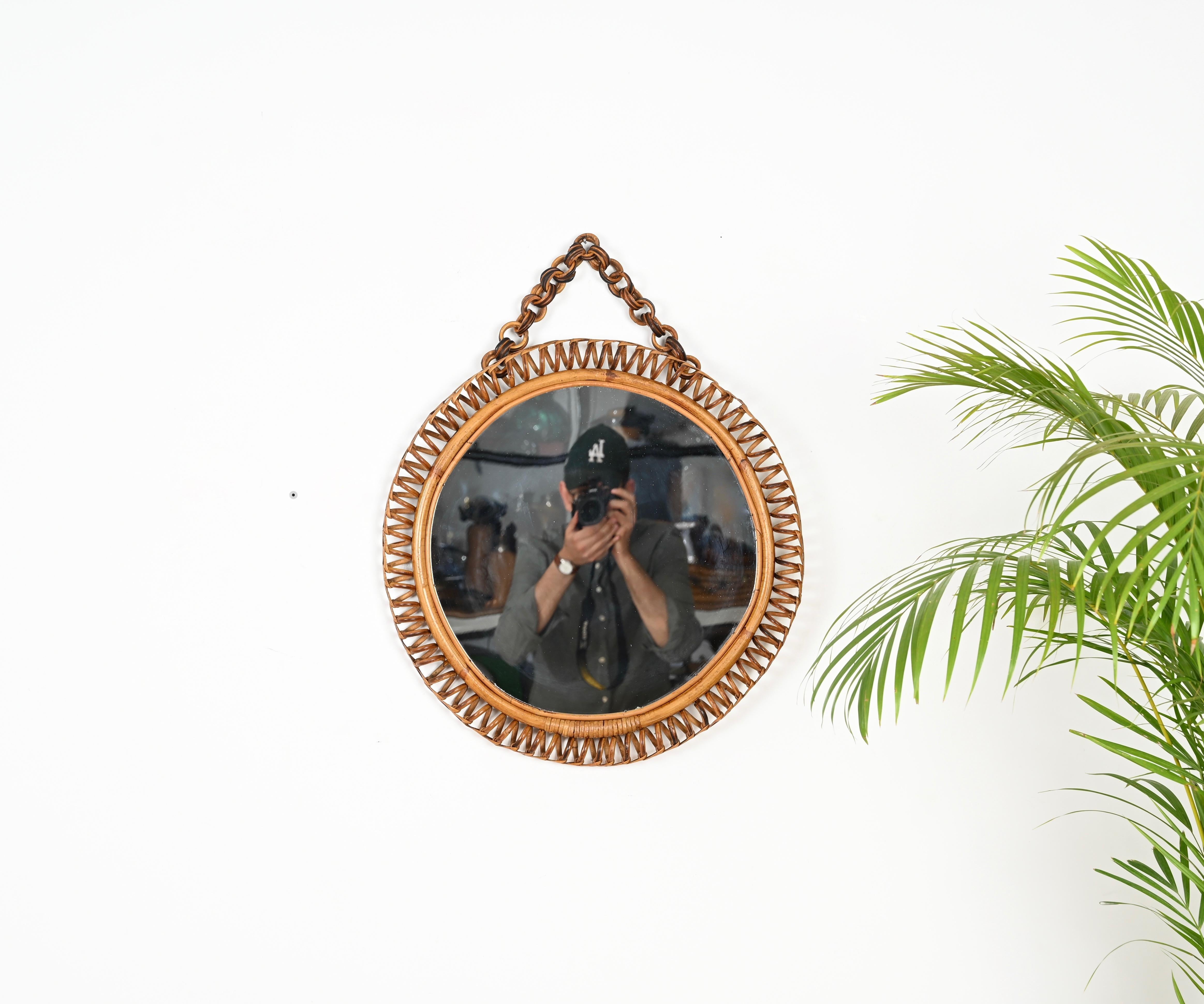French Riviera Round Mirror in Spiral Rattan, Wicker and Bamboo, Italy 1960s For Sale 4